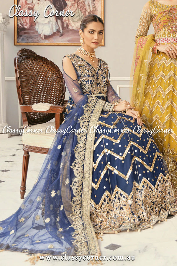 Bridal Dresses Navy Blue Gold Net Pakistani Gown