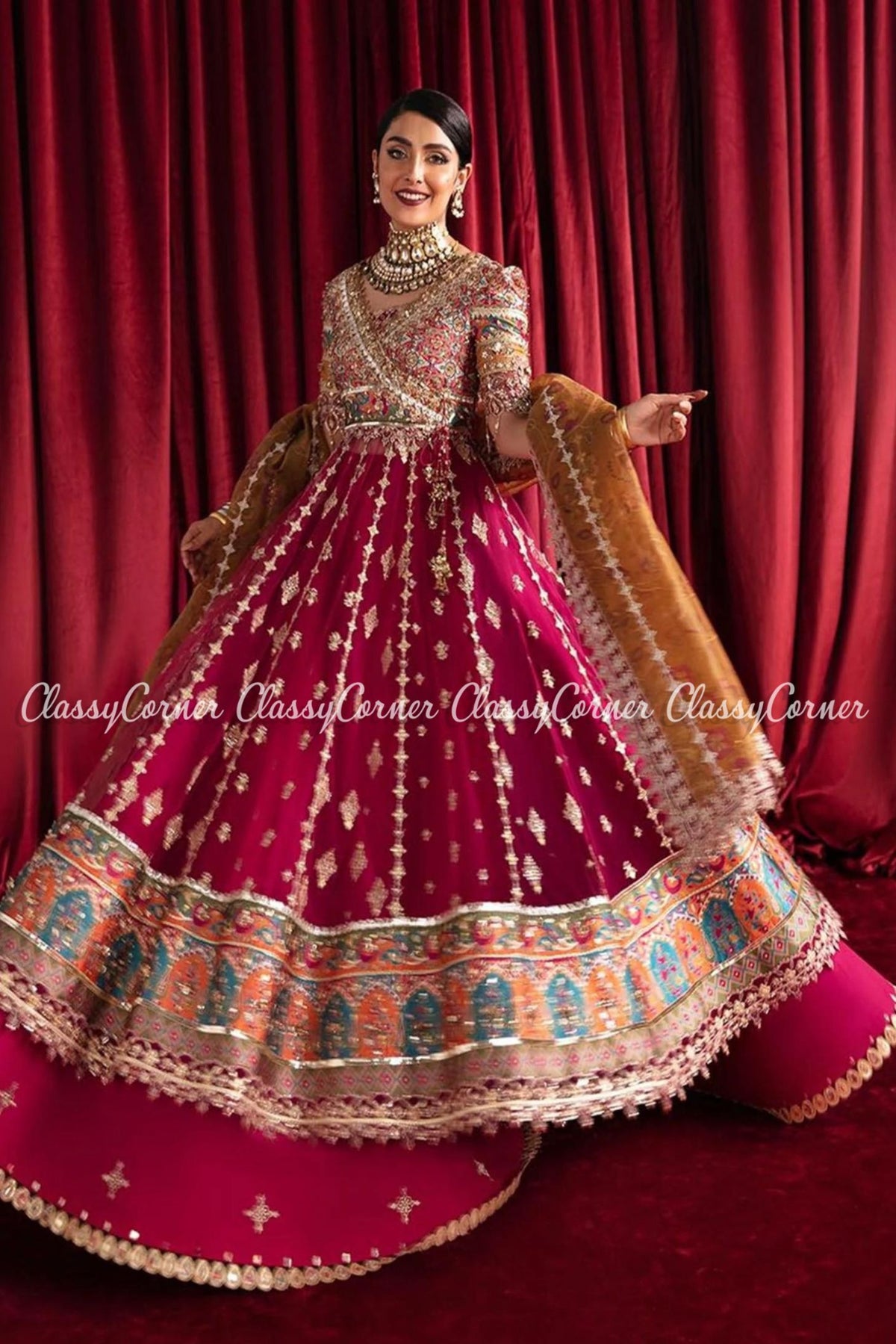 Hot Pink Silk Pakistani Bridal Wear Mehndi Lehenga