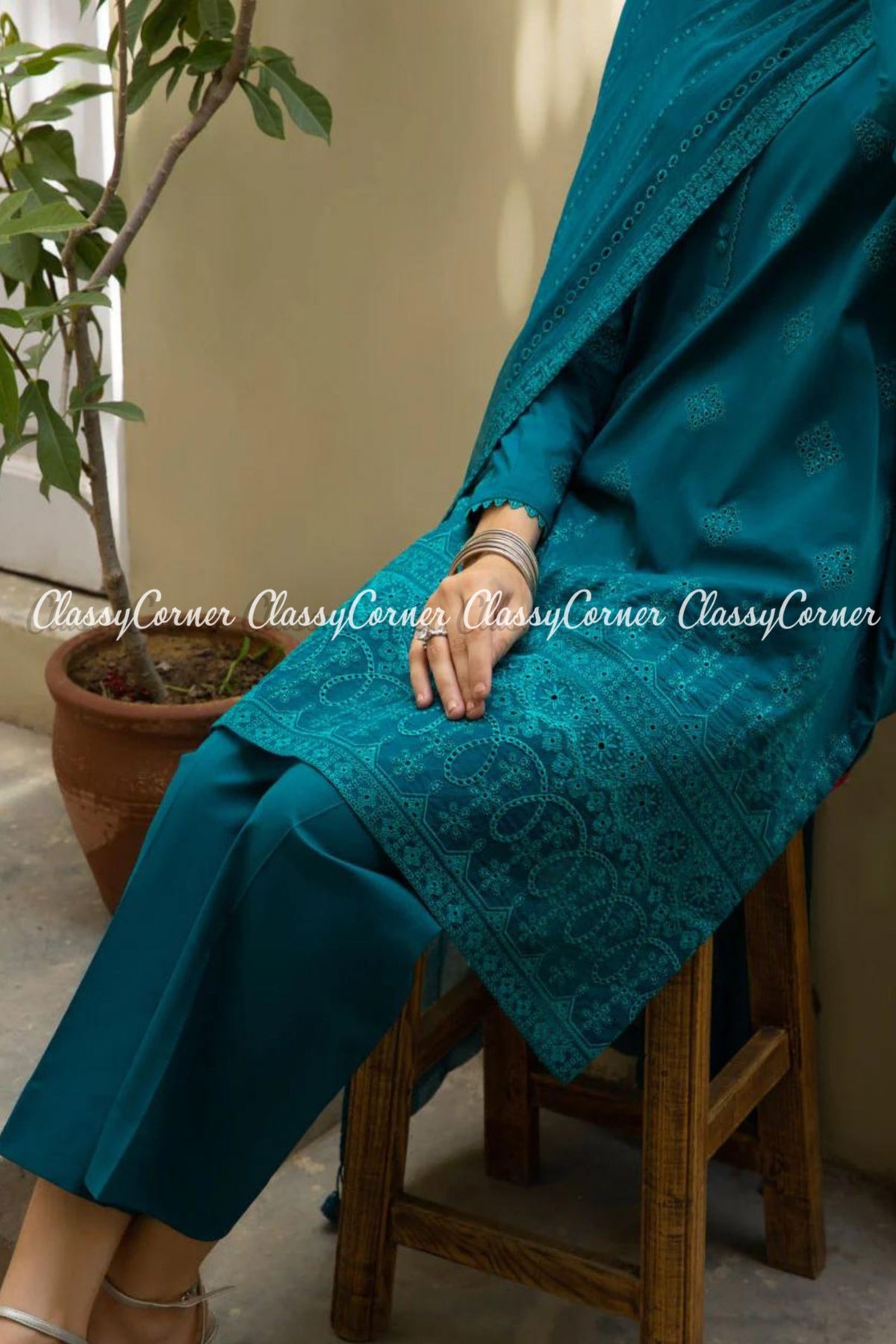 Turquoise Blue Pakistani Lawn Embroidered 3 Piece Dress