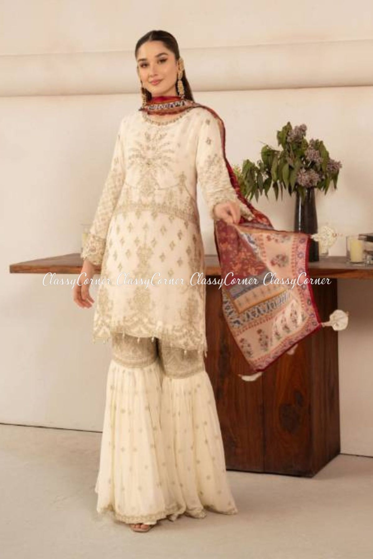 White Chiffon Embroidered Gharara