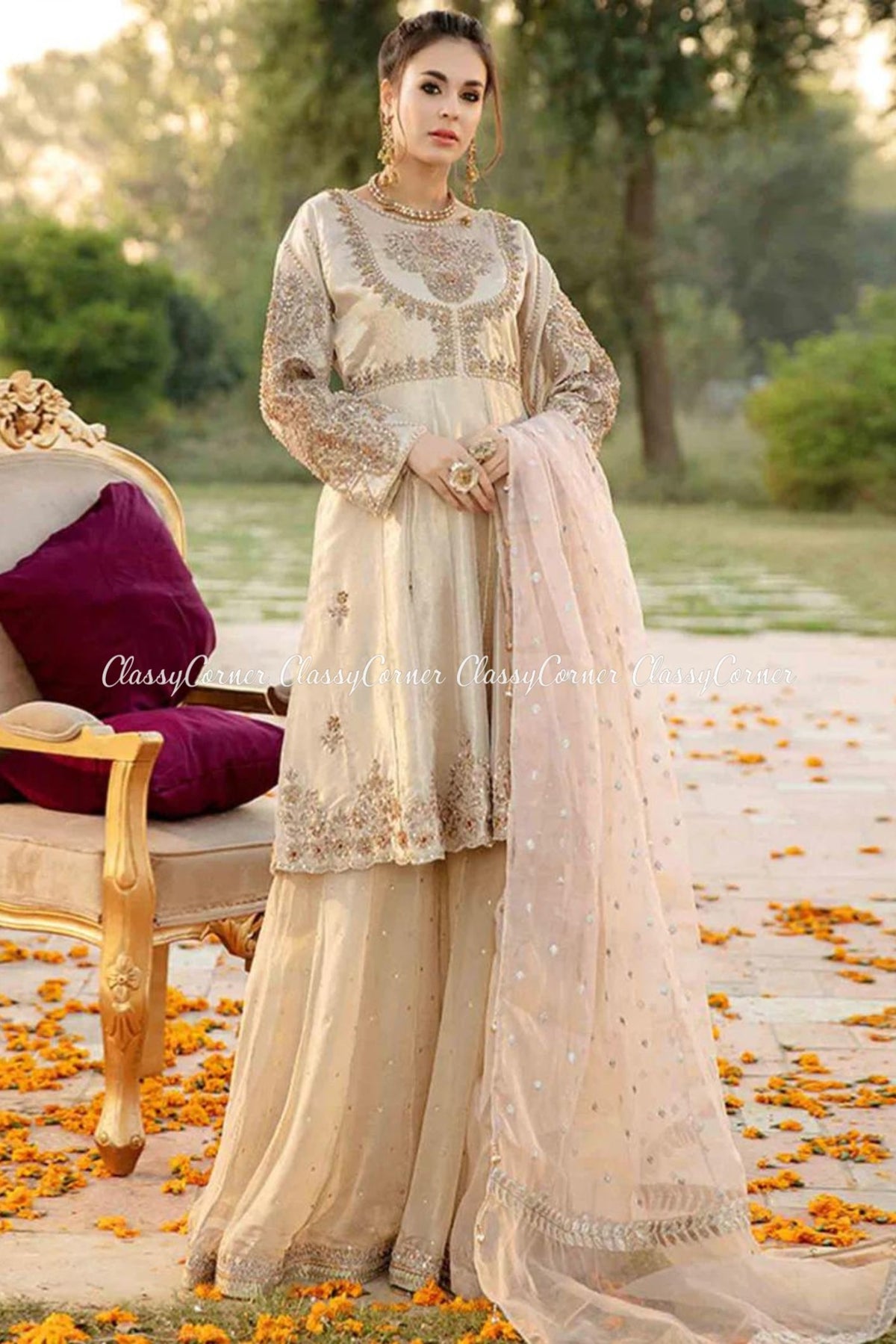 Beige Golden Embellished Formal Sharara Outfit