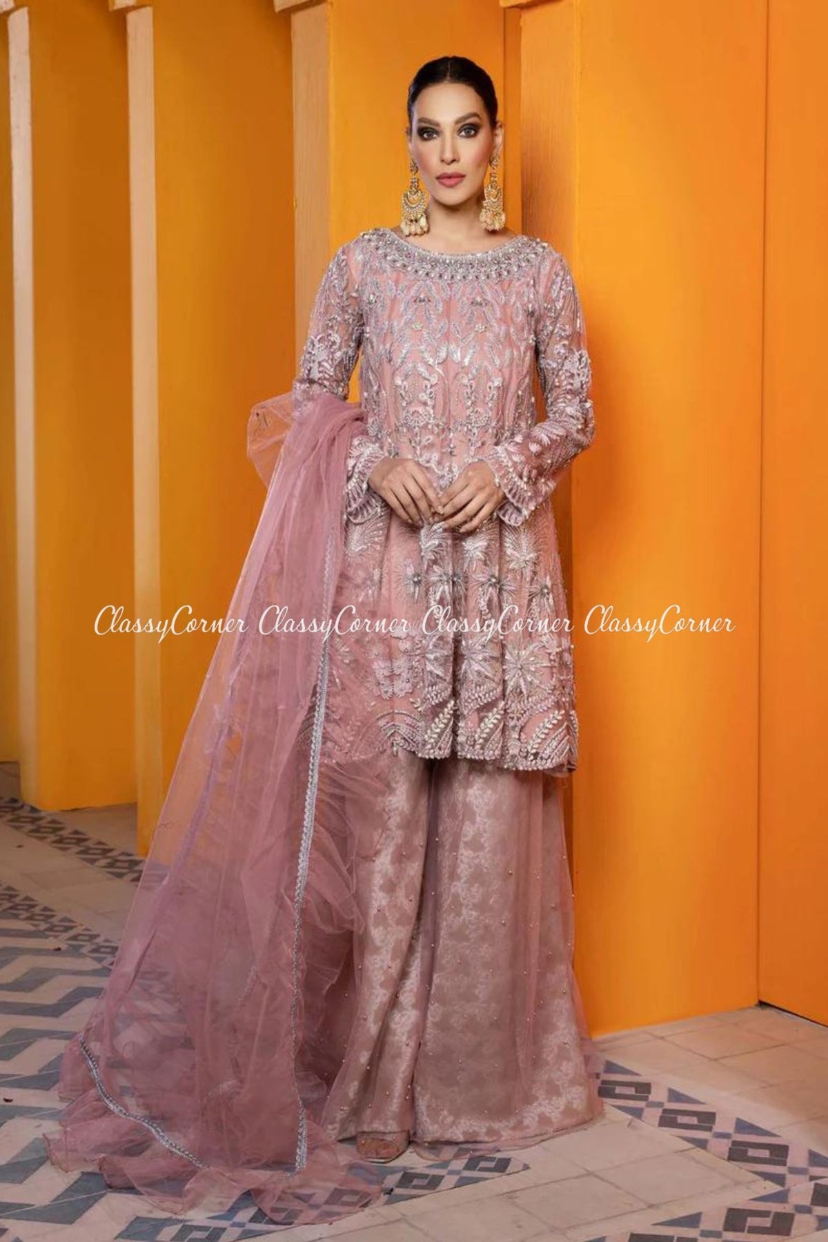 Pink Net Embroidered Formal Sharara