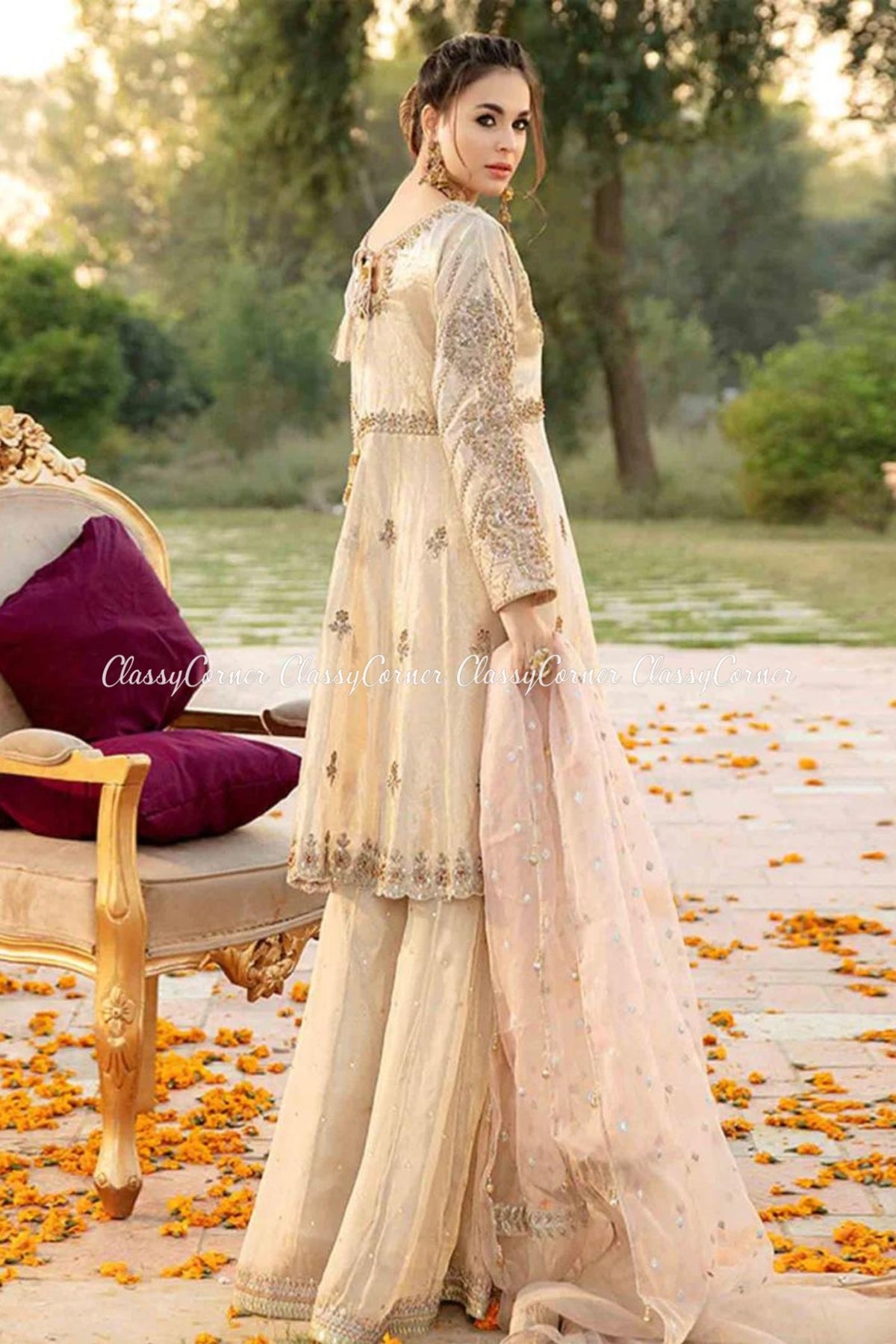 Beige Golden Embellished Formal Sharara Outfit