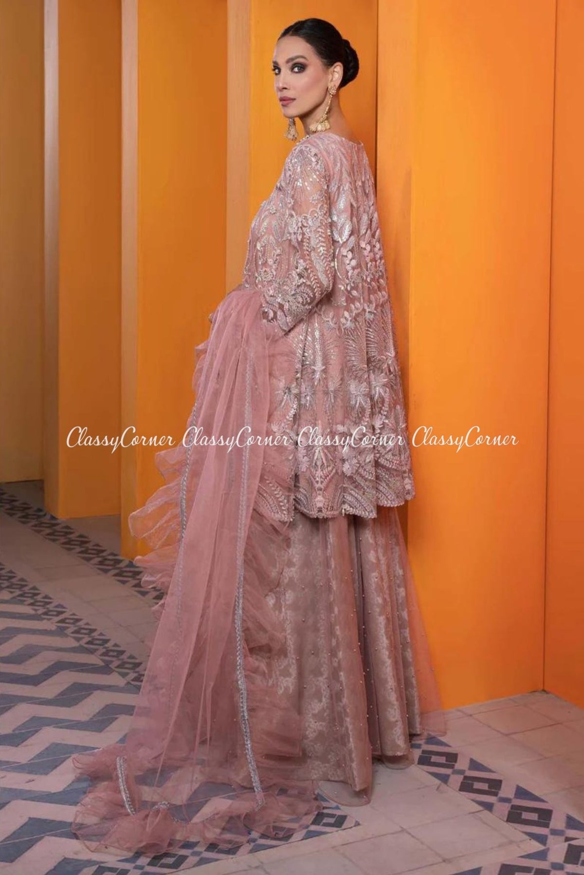 Pink Net Embroidered Formal Sharara