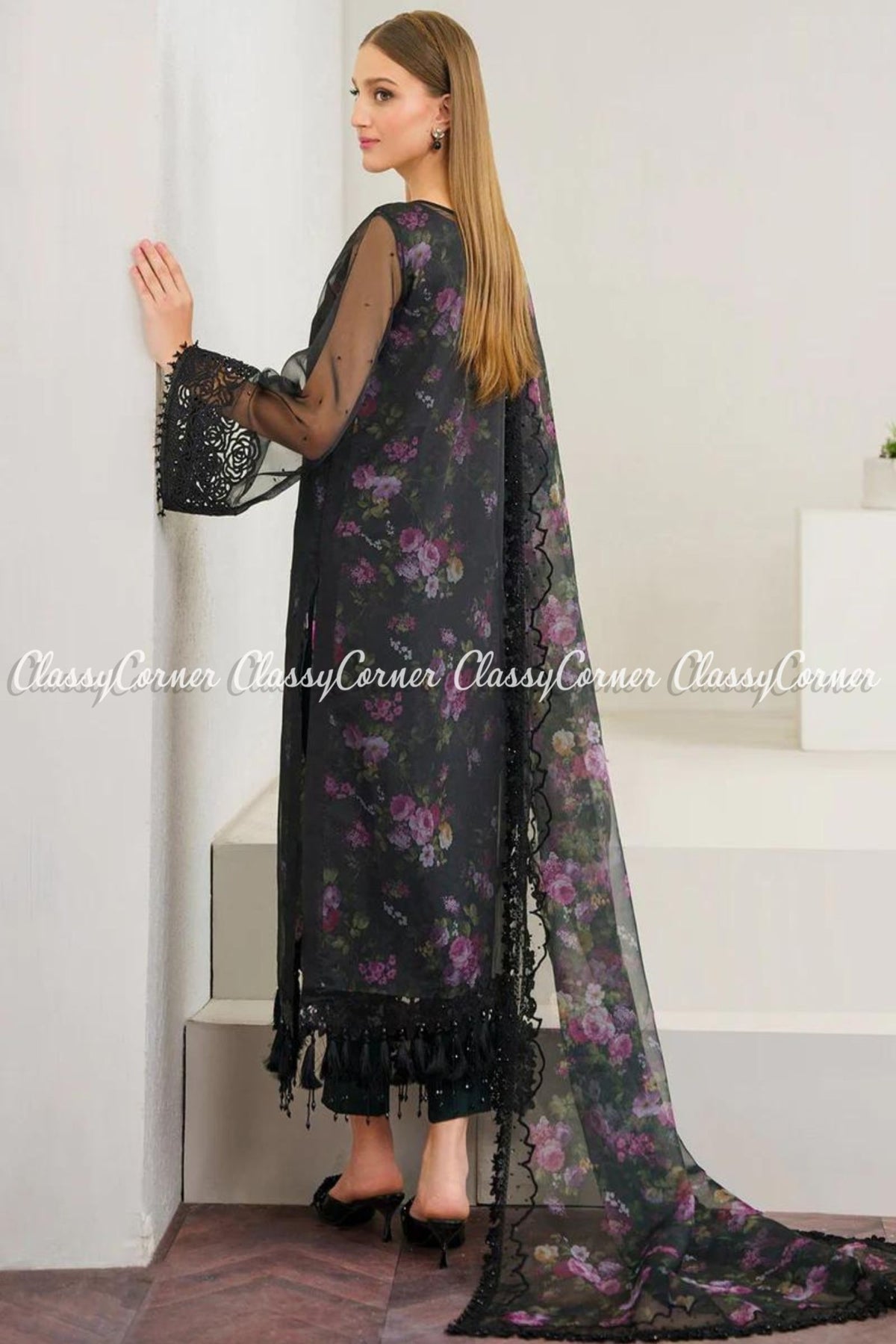 Pakistani Black Floral Organza Outfit