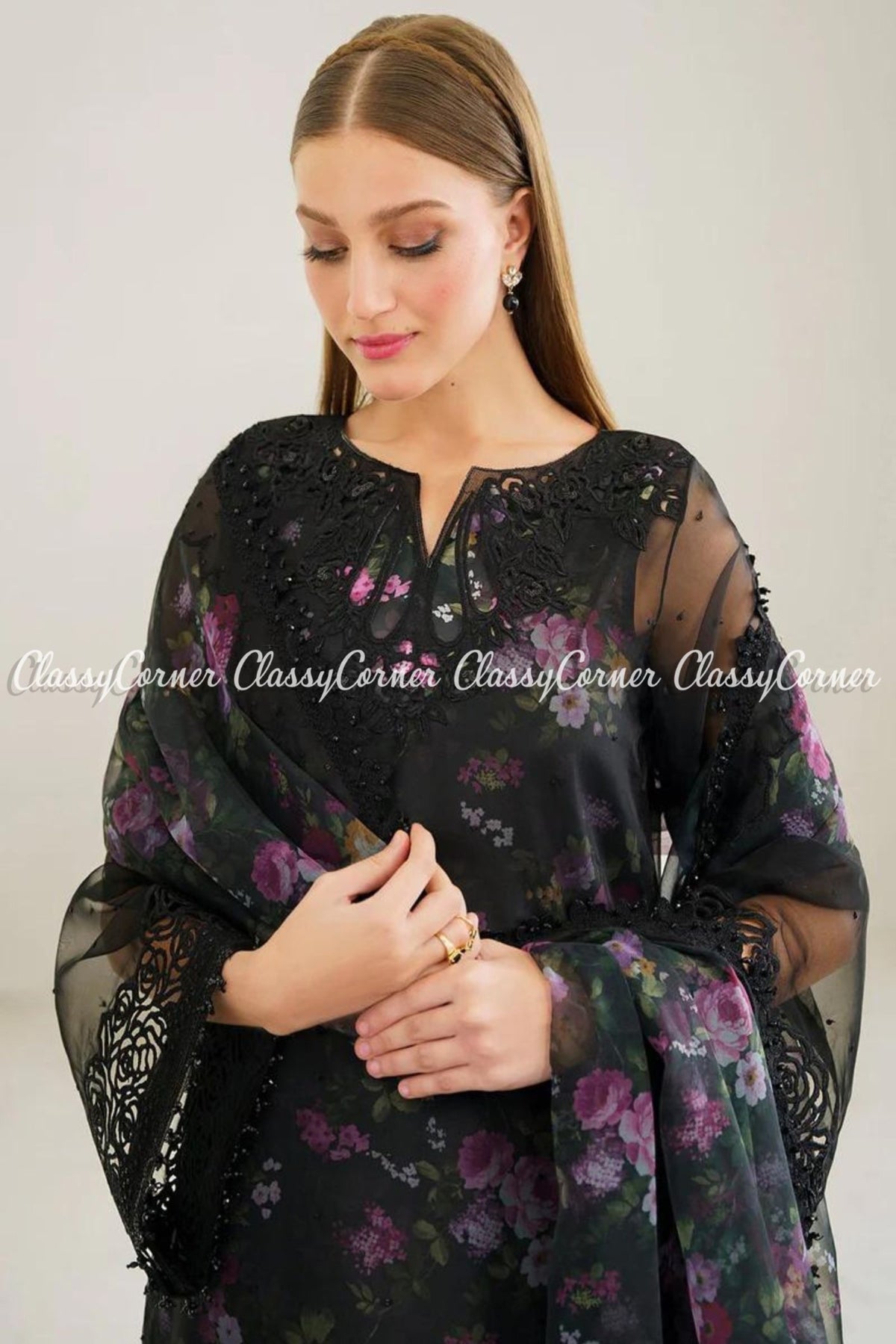 Pakistani Black Floral Organza Outfit