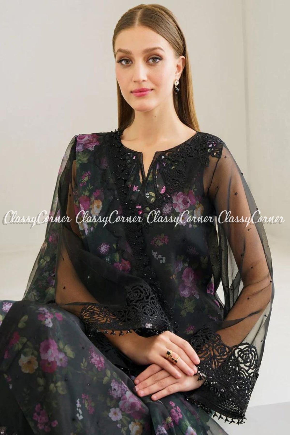 Pakistani Black Floral Organza Outfit