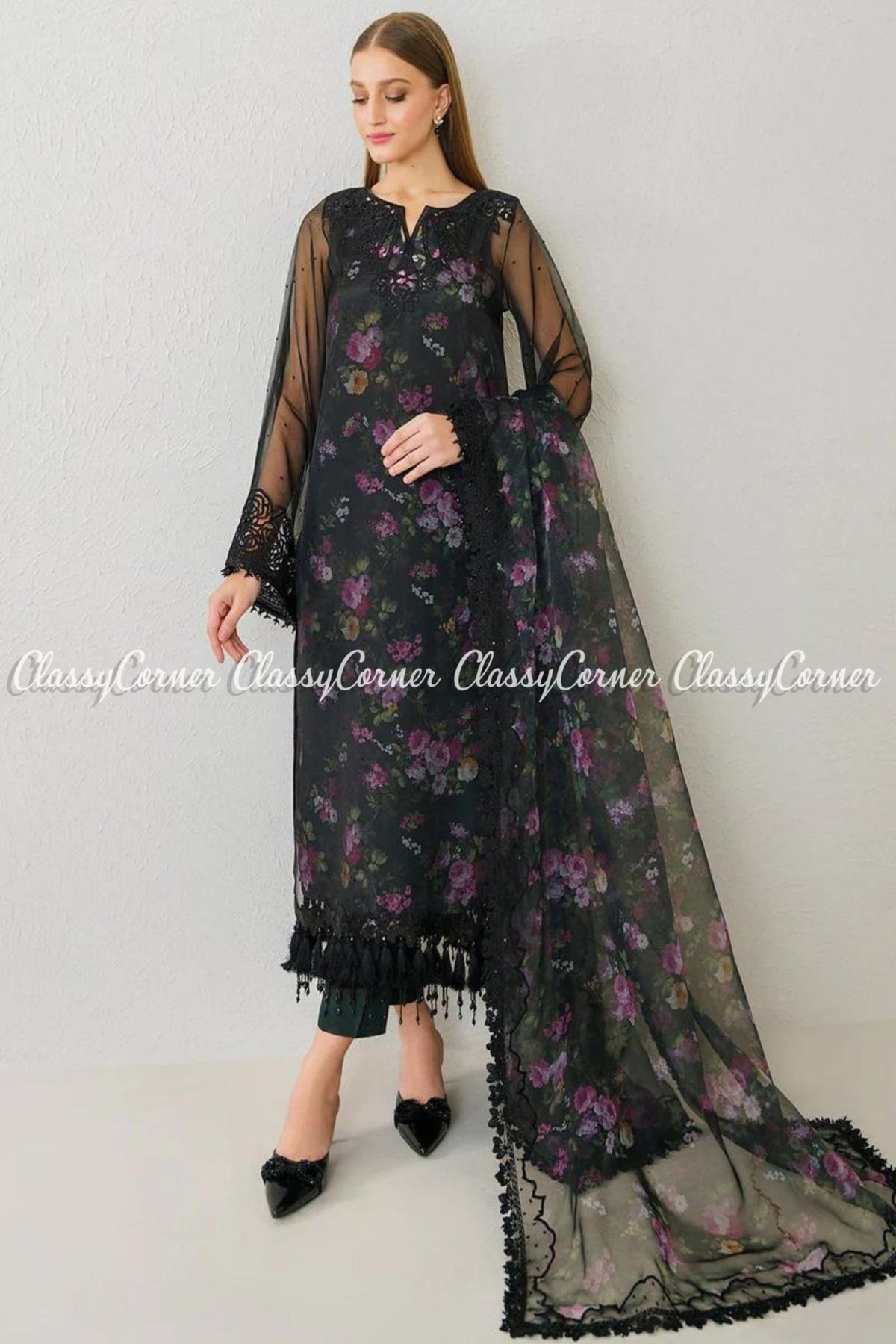 Pakistani Black Floral Organza Outfit