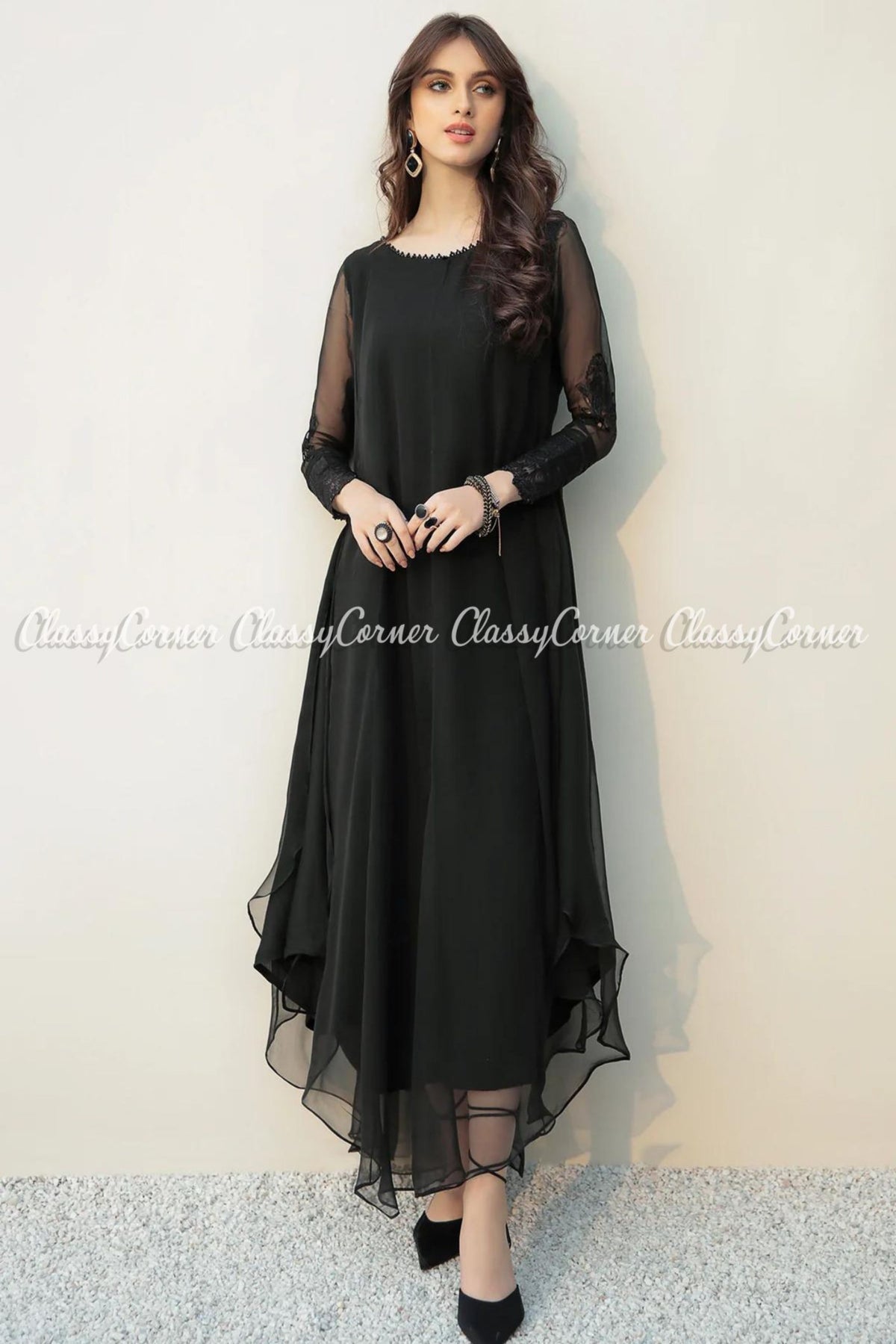 Black Embroidered Chiffon Pakistani Frock Outfit