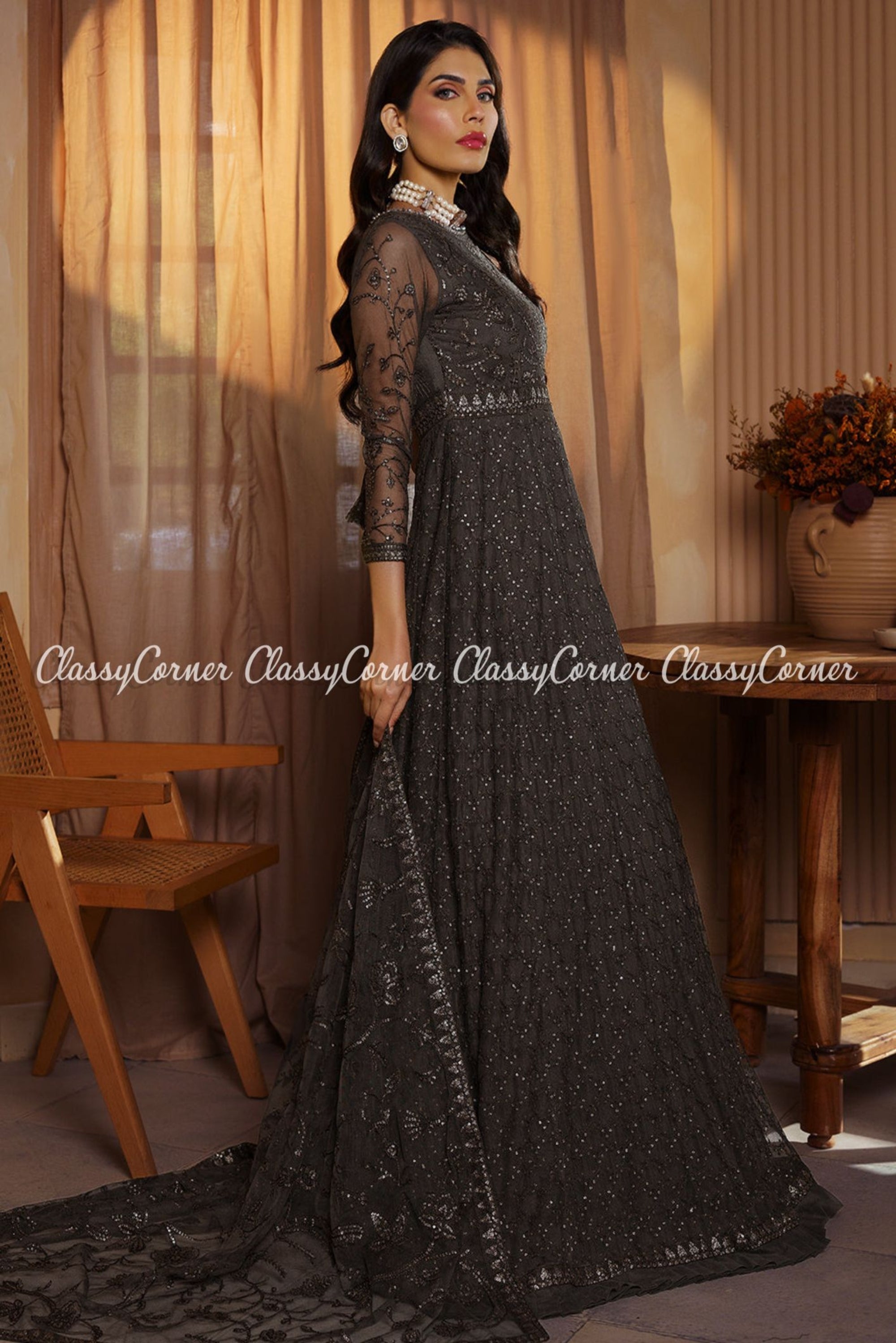 Sage Gray Designer Heavy Embroidered Net Wedding Anarkali Gown | Saira's  Boutique