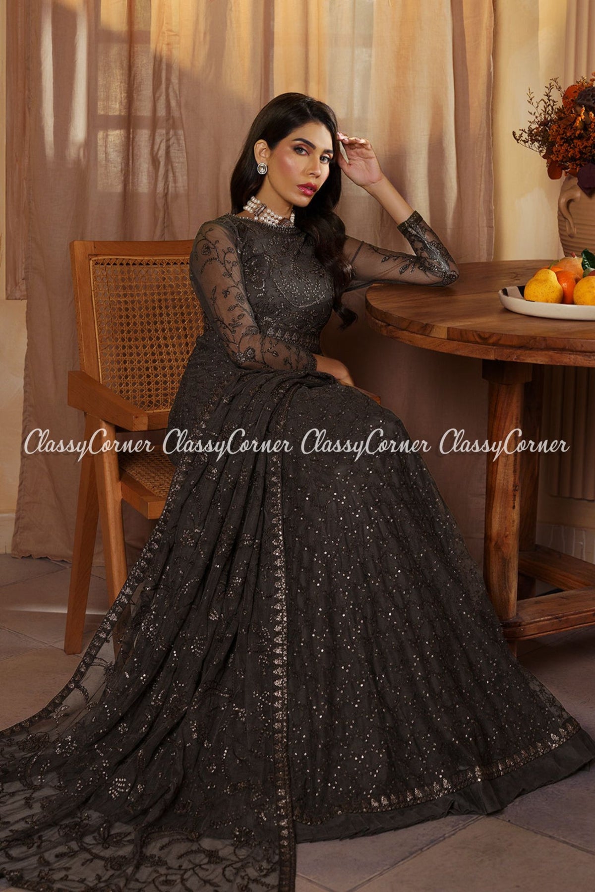 Dark Grey Net Embroidered Gown Dress