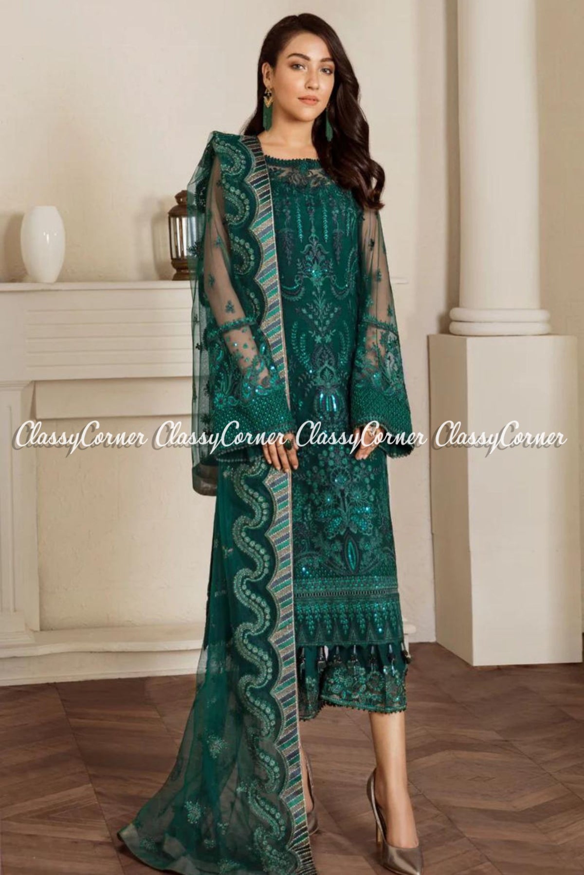 Emerald Green Net Embroidered Party Wear Salwar Kameez