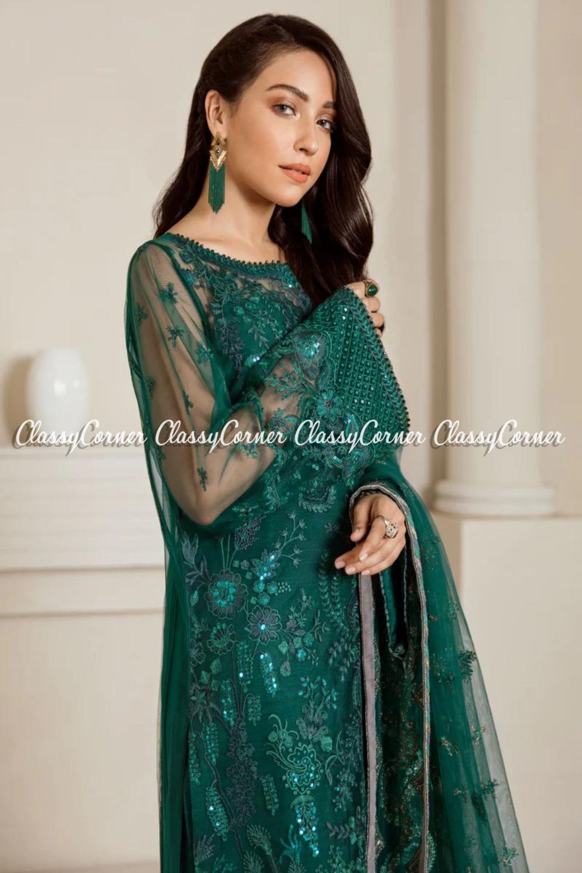 Emerald Green Net Embroidered Party Wear Salwar Kameez