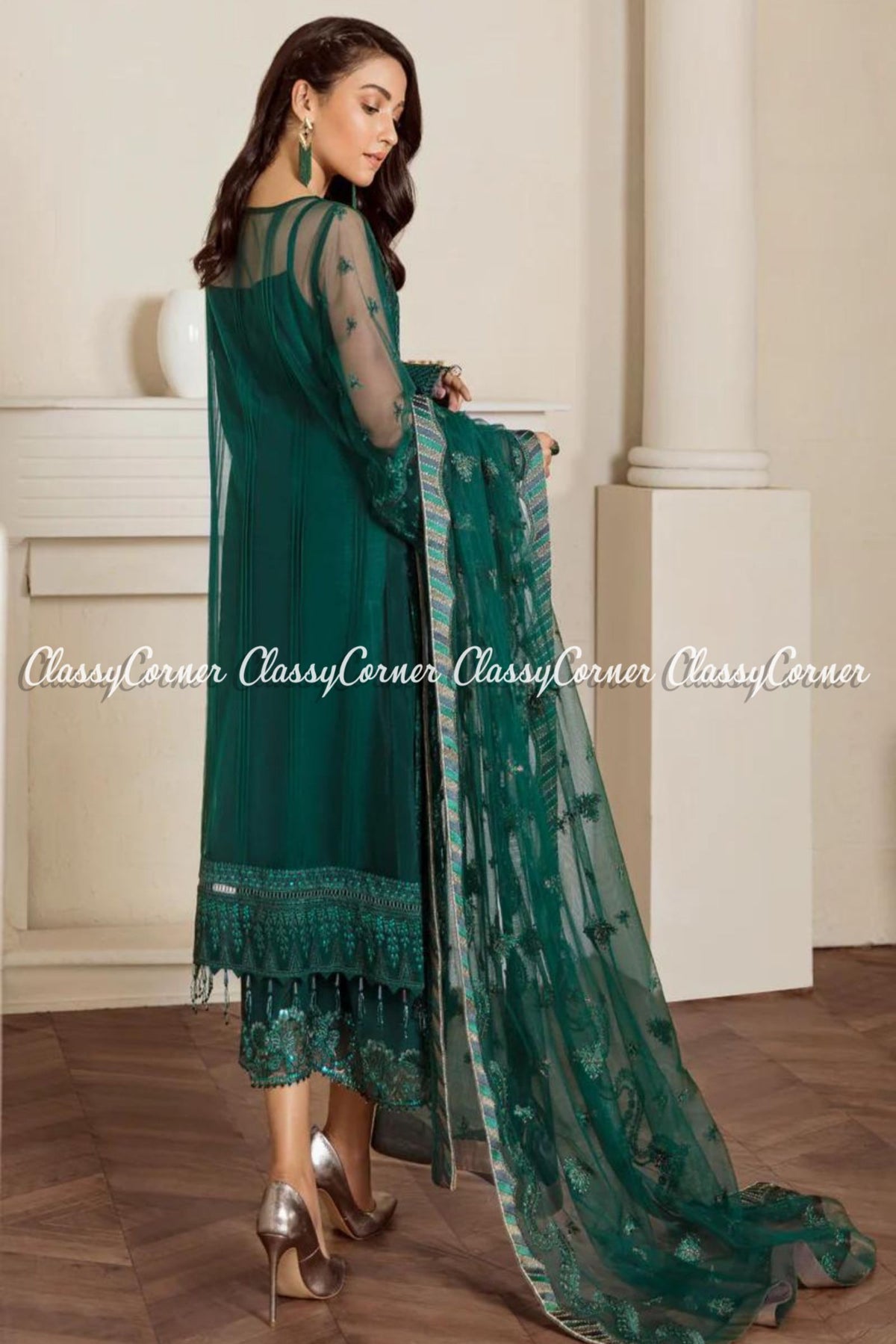 Emerald Green Net Embroidered Party Wear Salwar Kameez