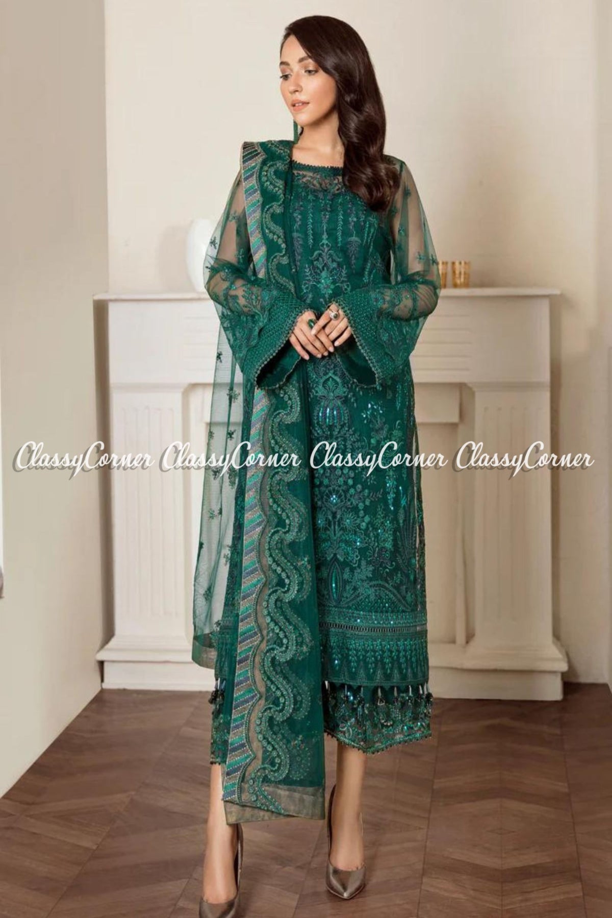 Emerald Green Net Embroidered Party Wear Salwar Kameez