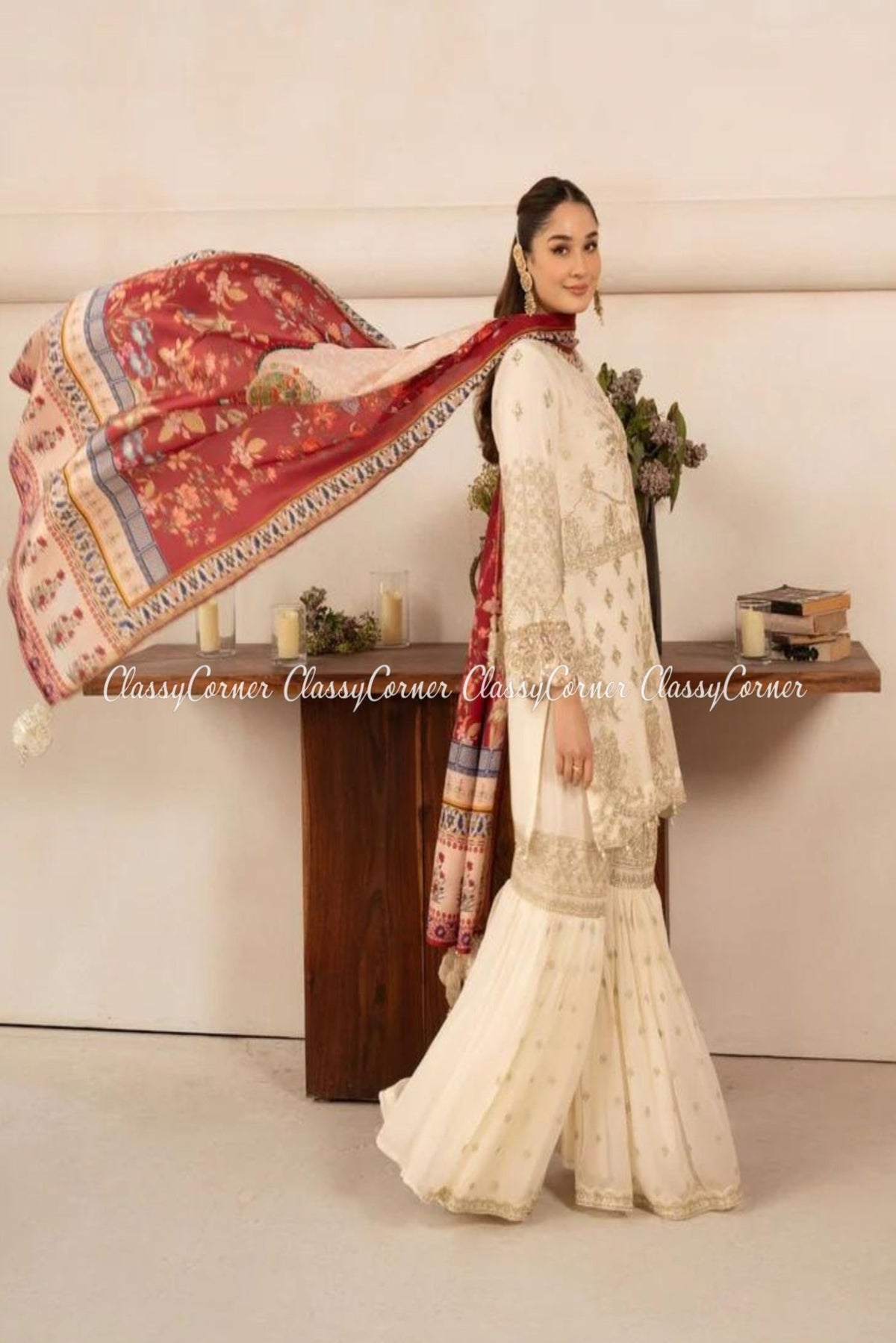 White Chiffon Embroidered Gharara