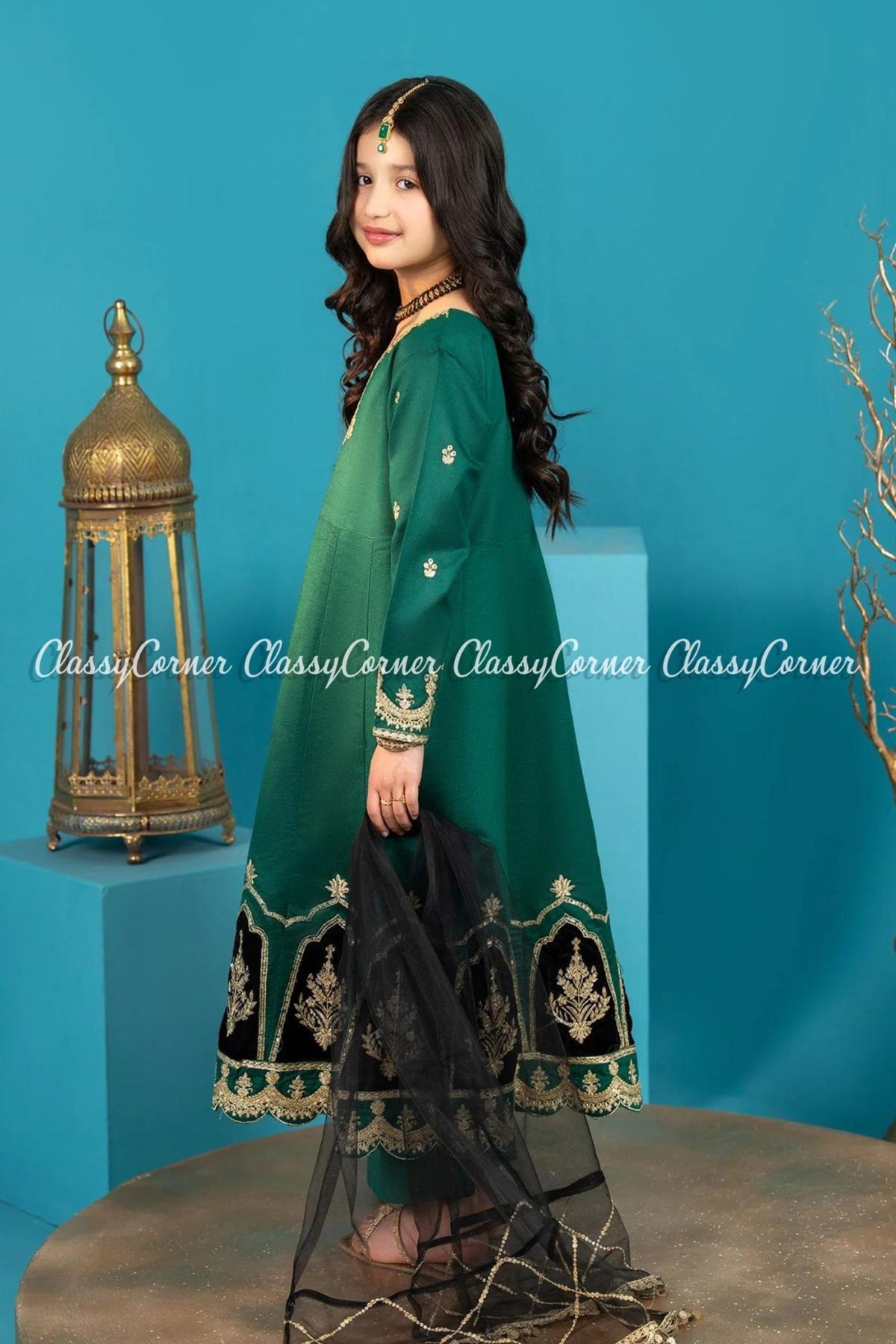 Green Katan Embroidered Girls Readymade Frock