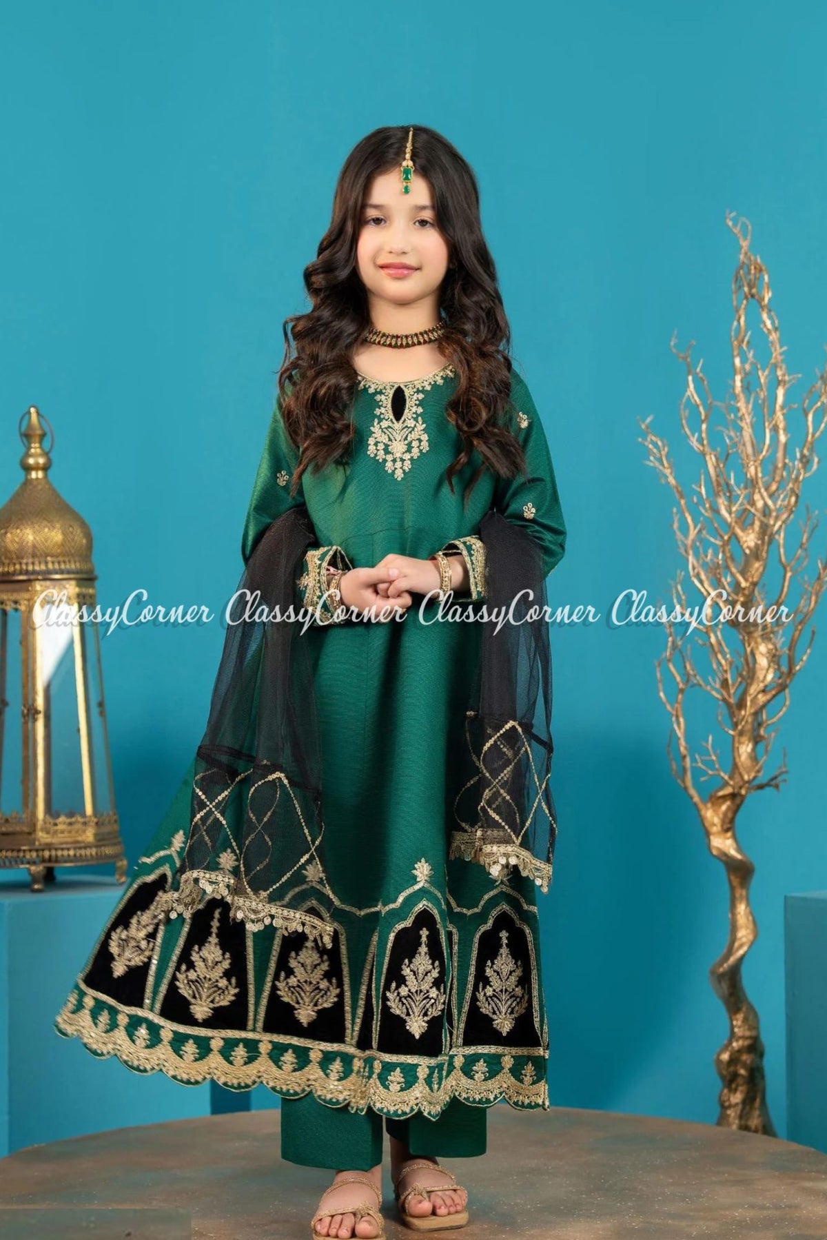 Green Katan Embroidered Girls Readymade Frock