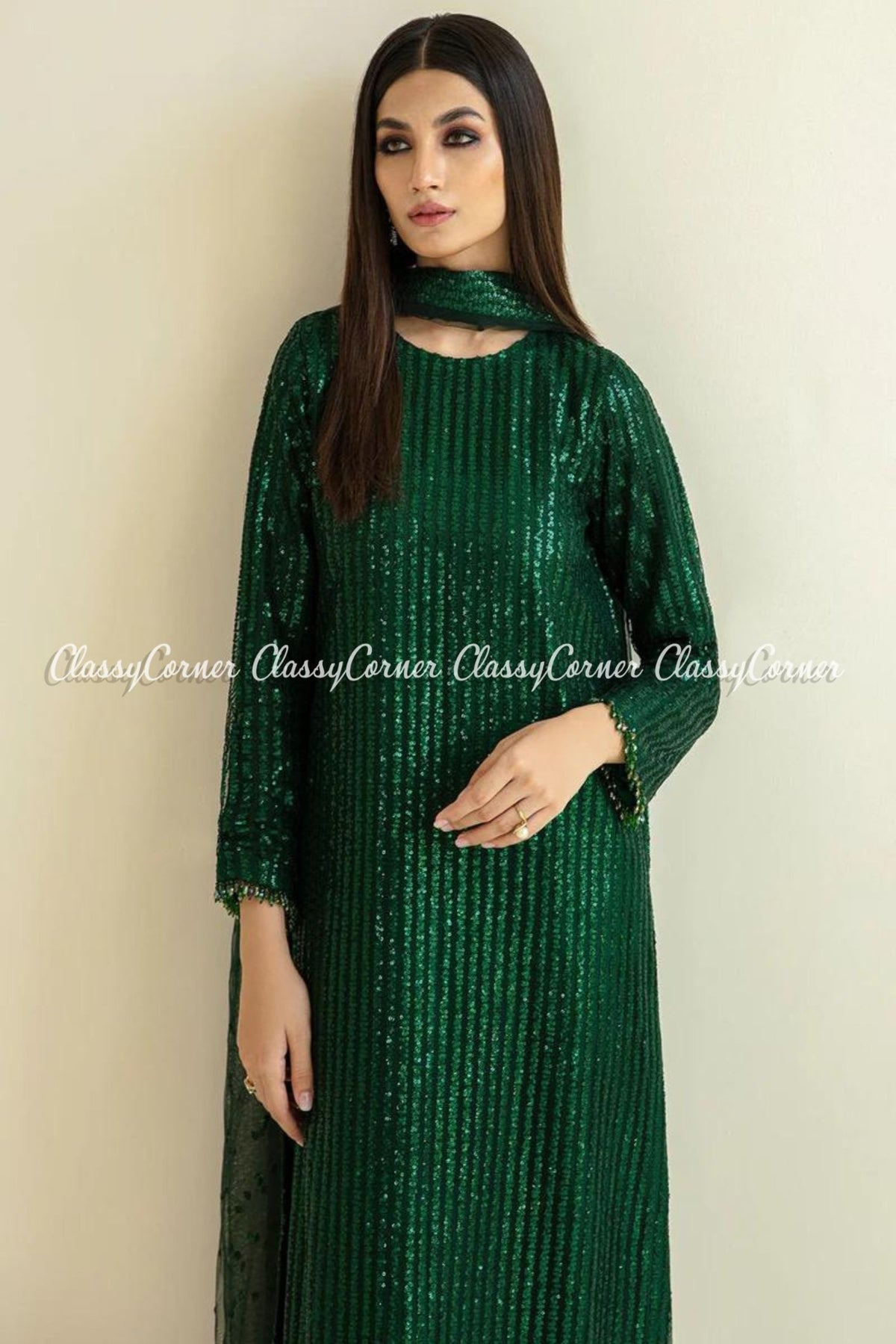 Bottle Green Net Embellished Party Wear Suit