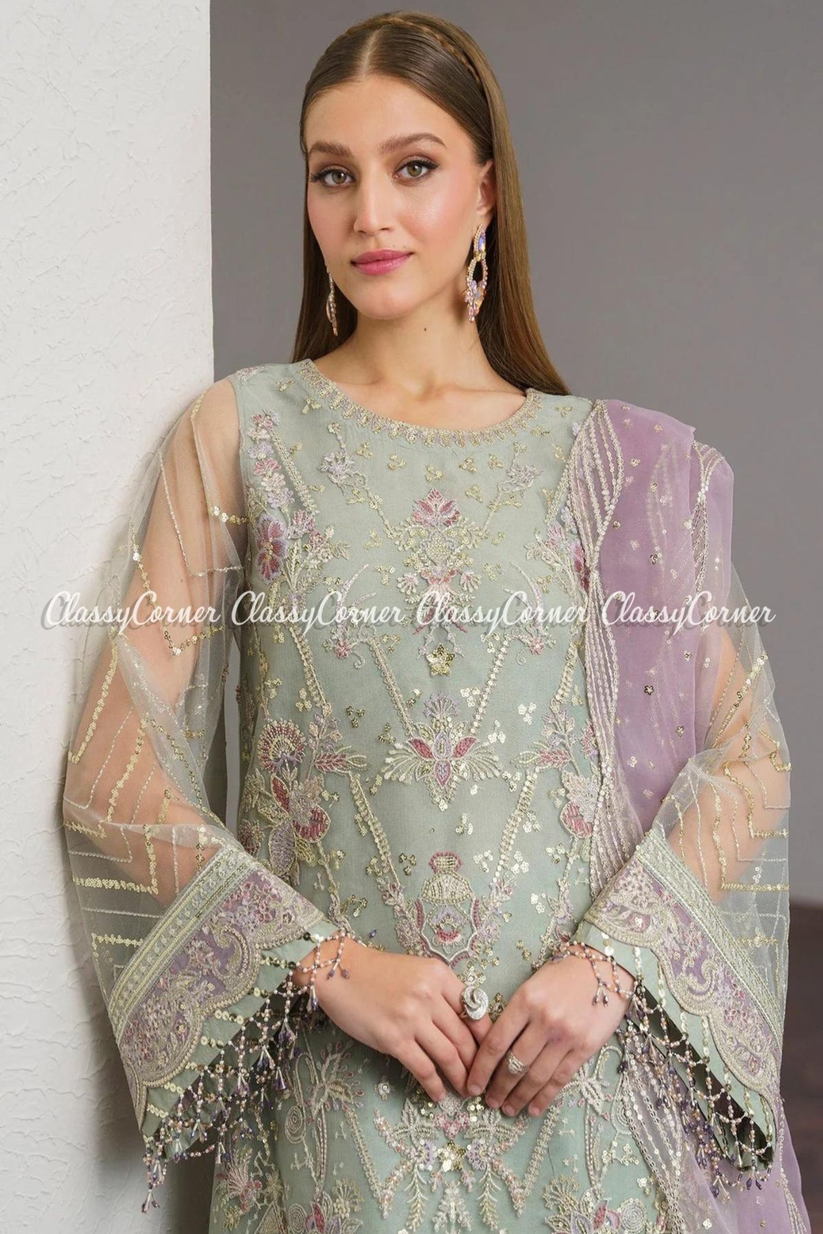 Light Green Embroidered Organza Suit