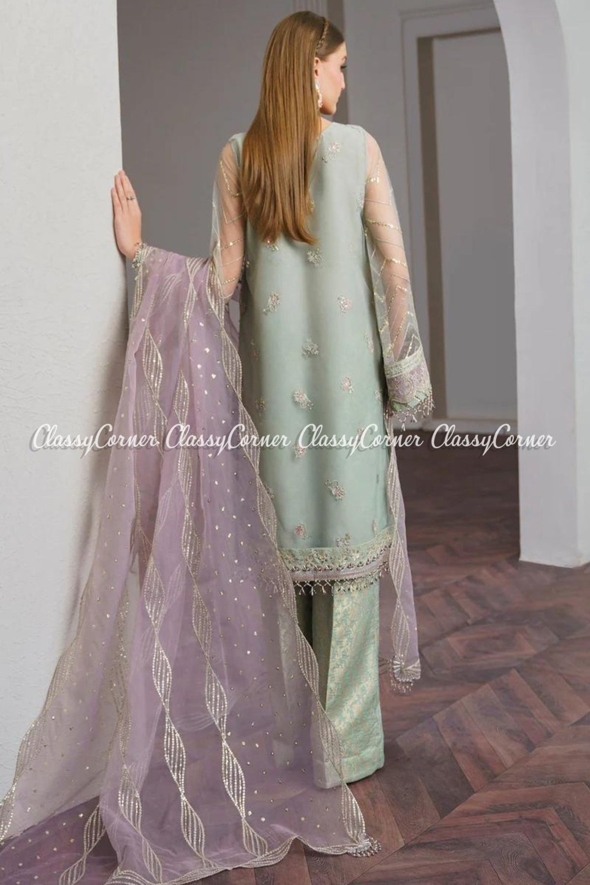 Light Green Embroidered Organza Suit