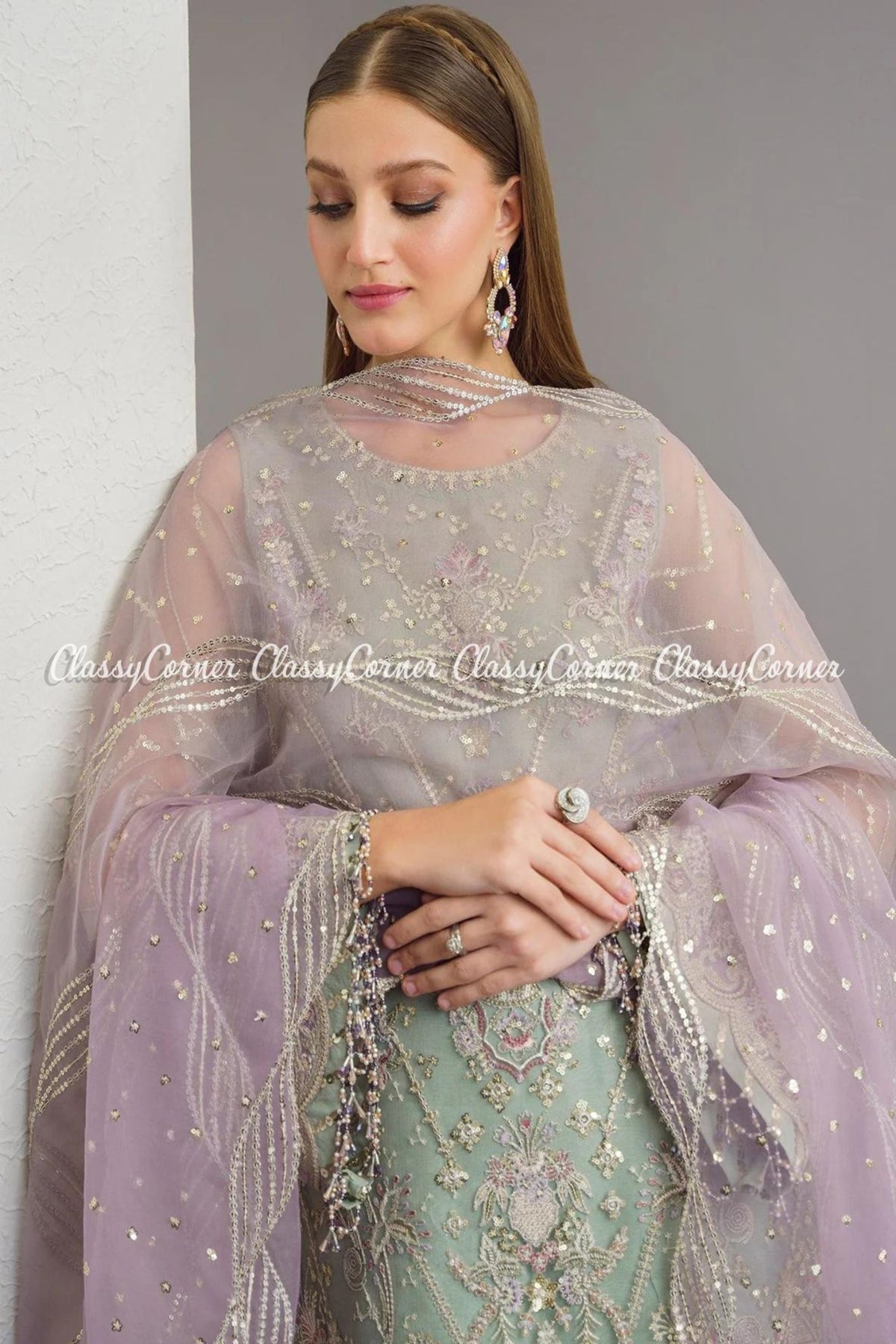 Light Green Embroidered Organza Suit