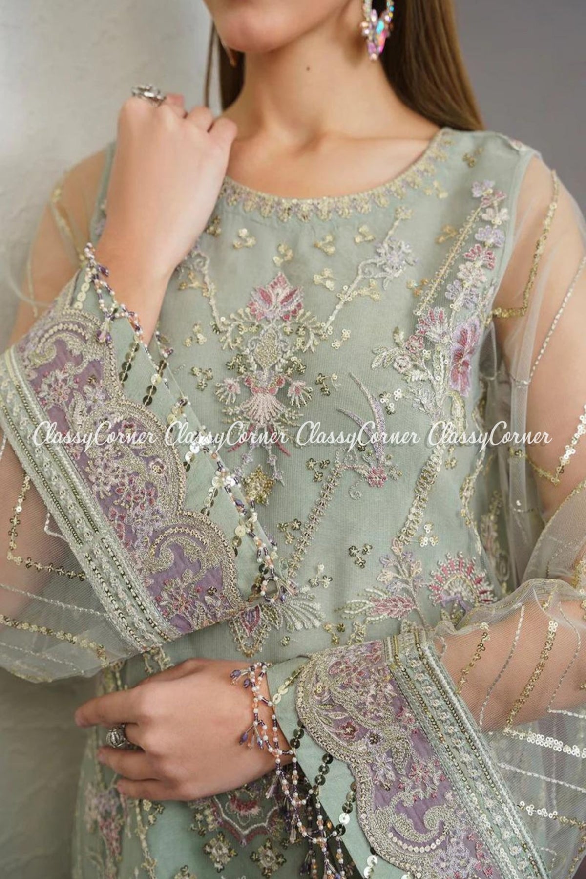 Light Green Embroidered Organza Suit