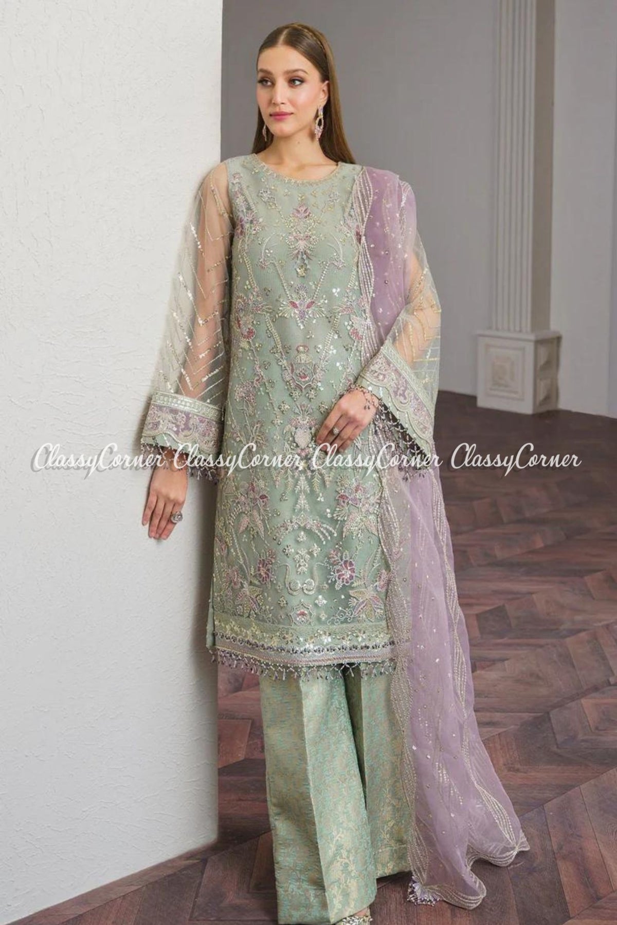 Light Green Embroidered Organza Suit