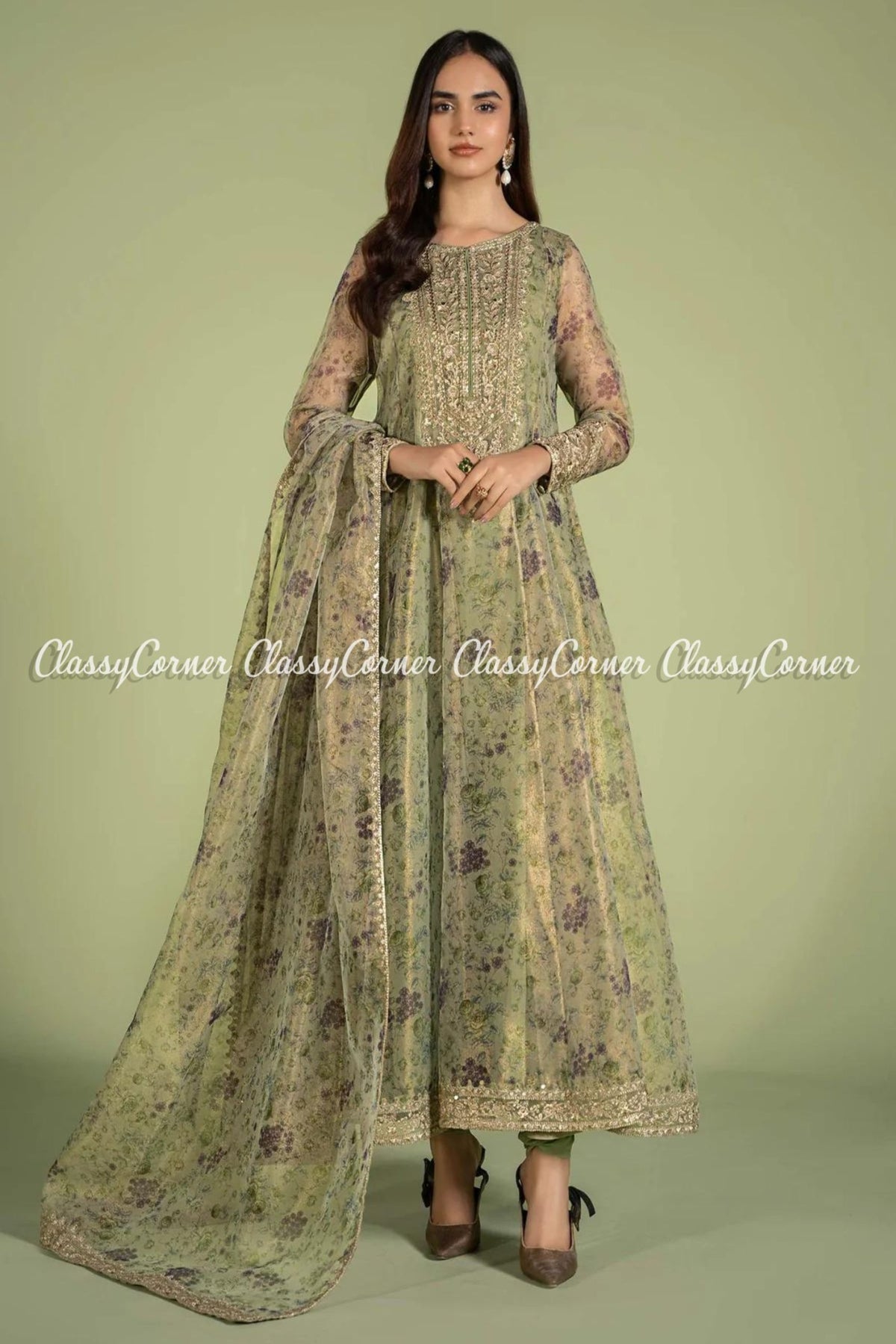 Green Organza Net Readymade Frock Outfit