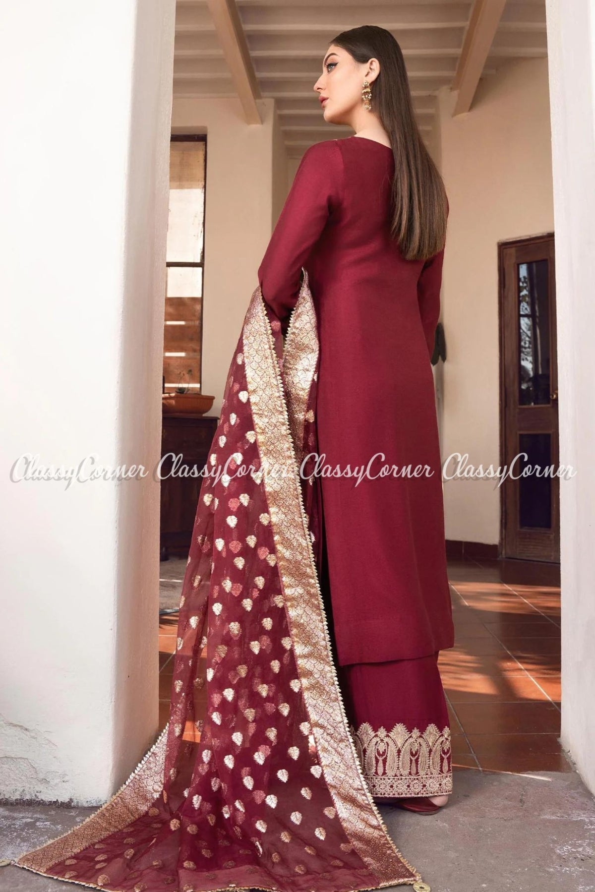 Maroon Golden Khaddi Silk Party Wear Salwar Kameez