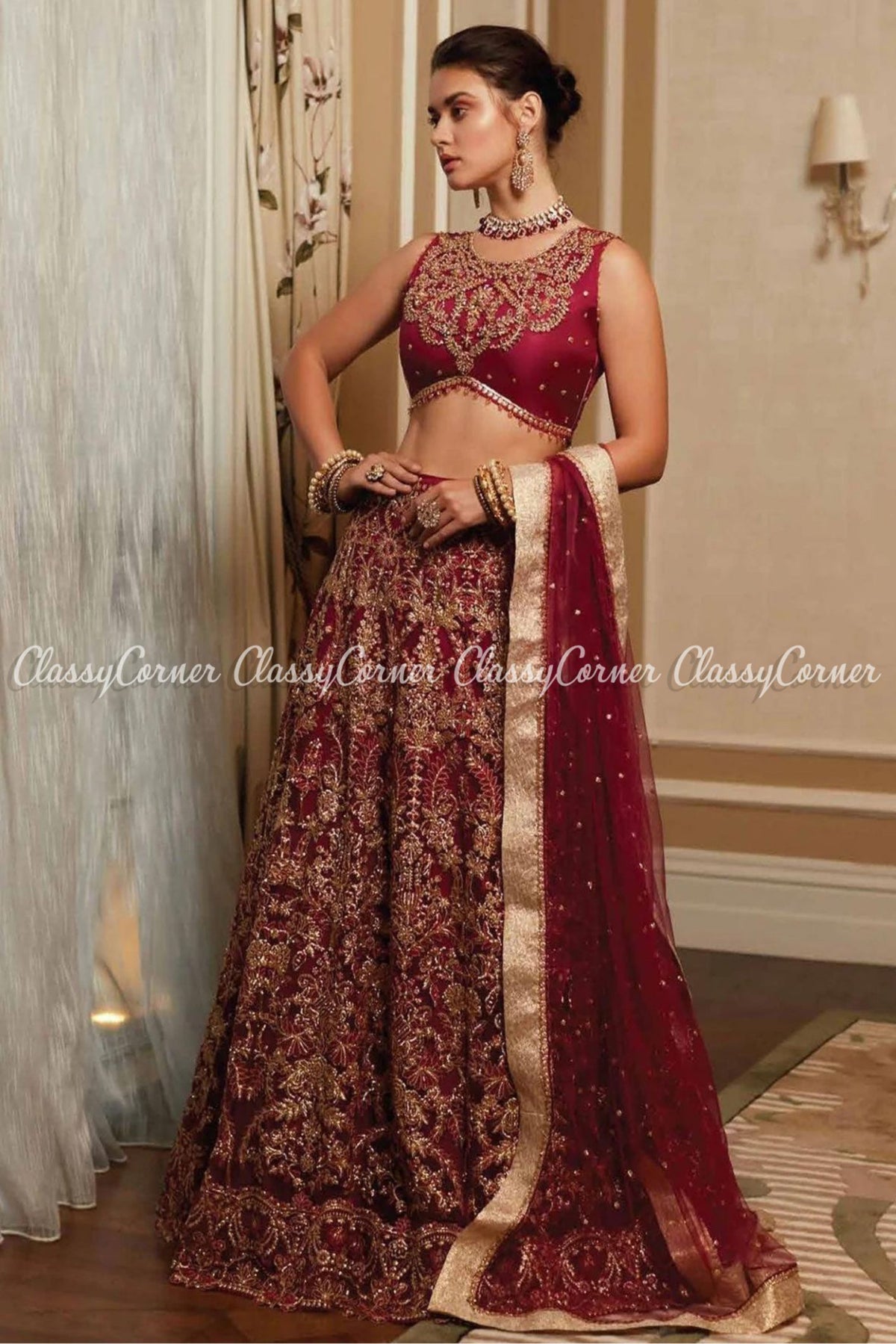 Maroon Golden Net Embellished Wedding Wear Lehenga Choli