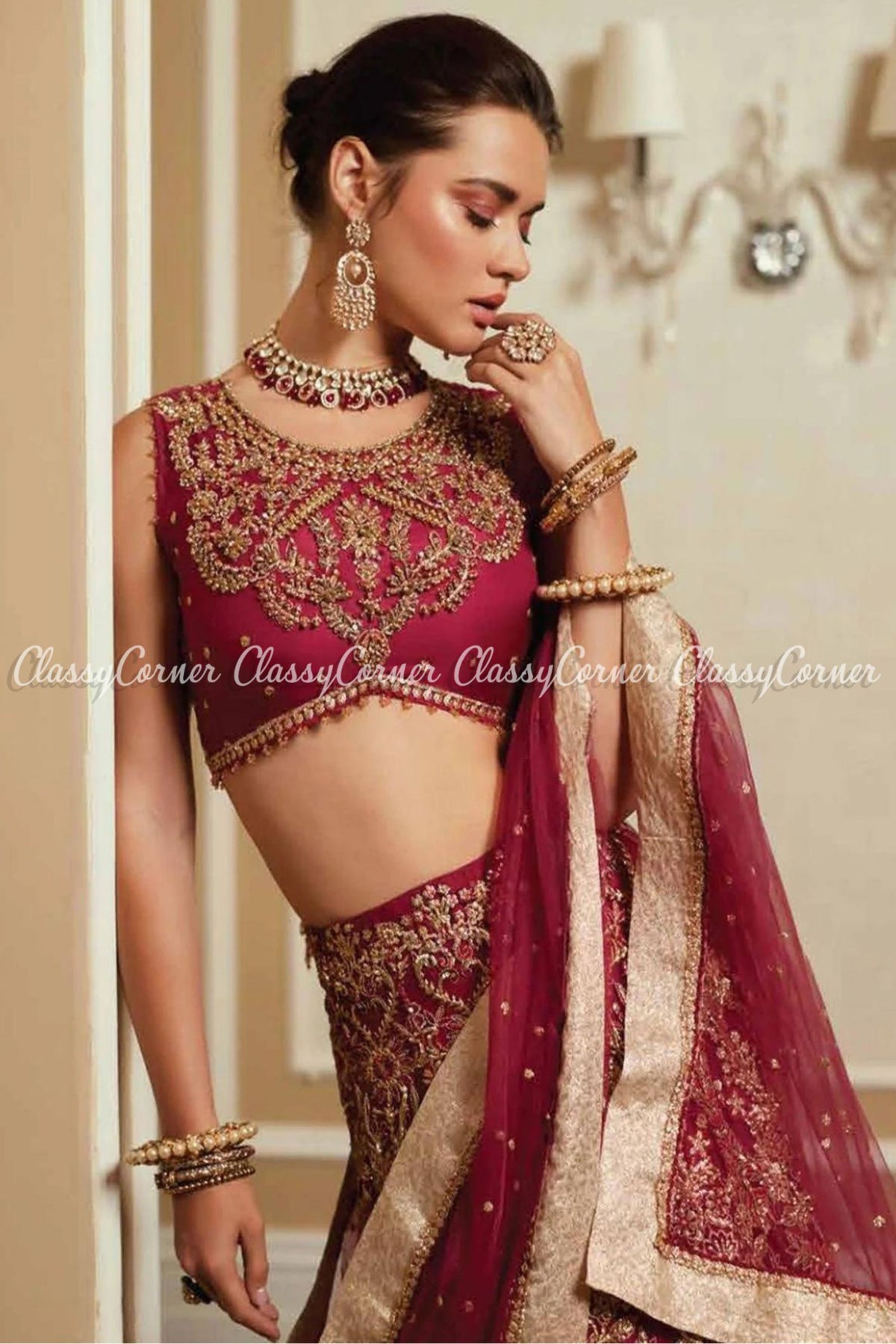 Maroon Golden Net Embellished Wedding Wear Lehenga Choli