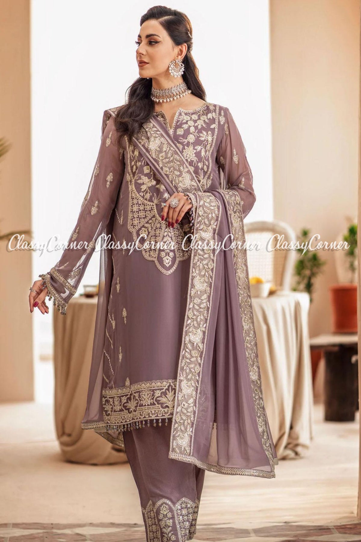 Mauve White Chiffon Embroidered Pakistani Salwar Kameez