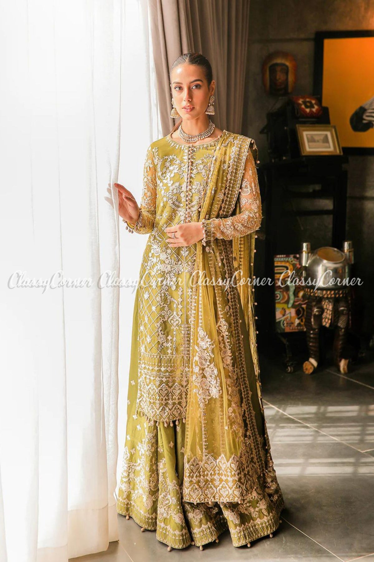 Olive Green Net Embroidered Wedding Wear Sharara