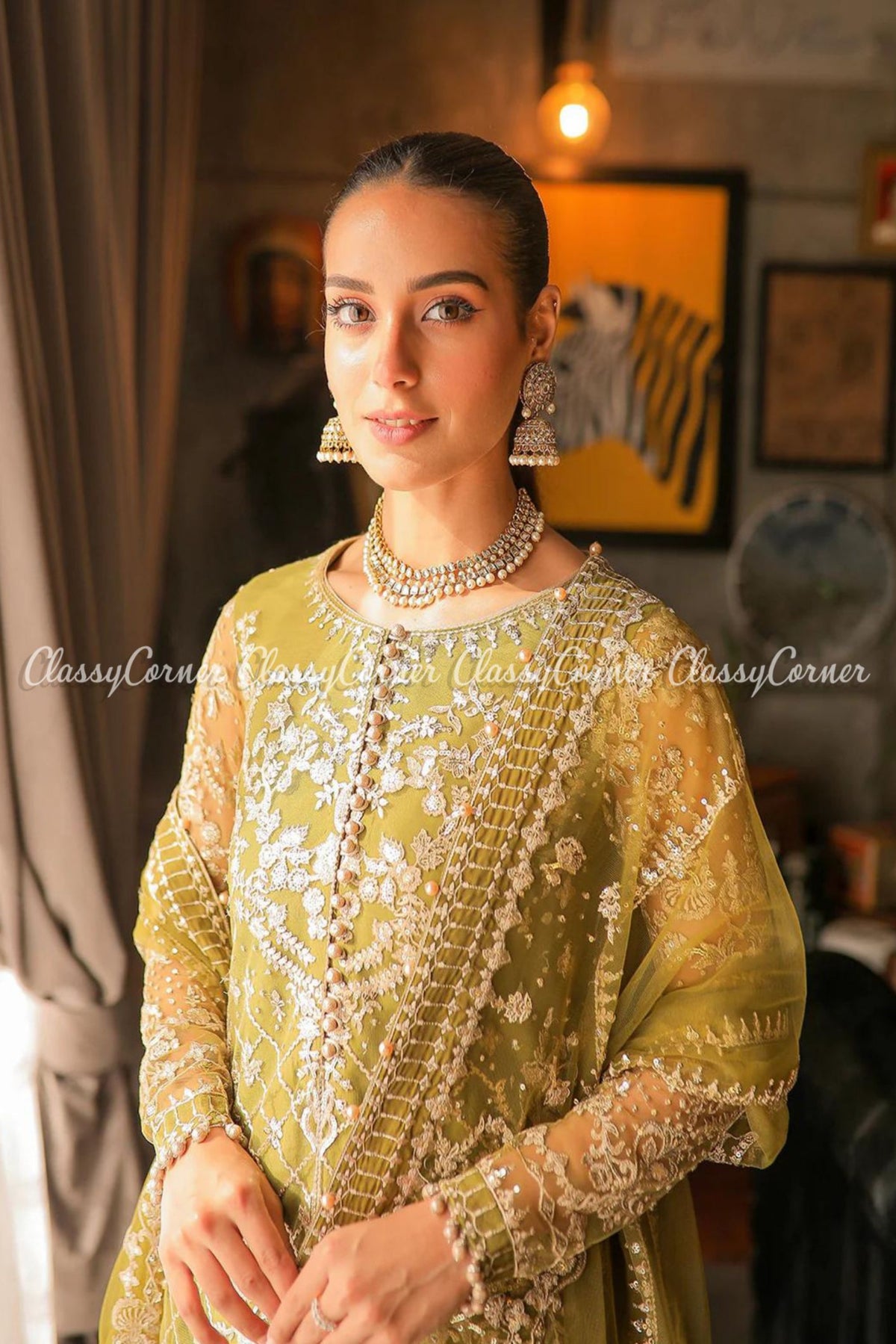 Olive Green Net Embroidered Wedding Wear Sharara