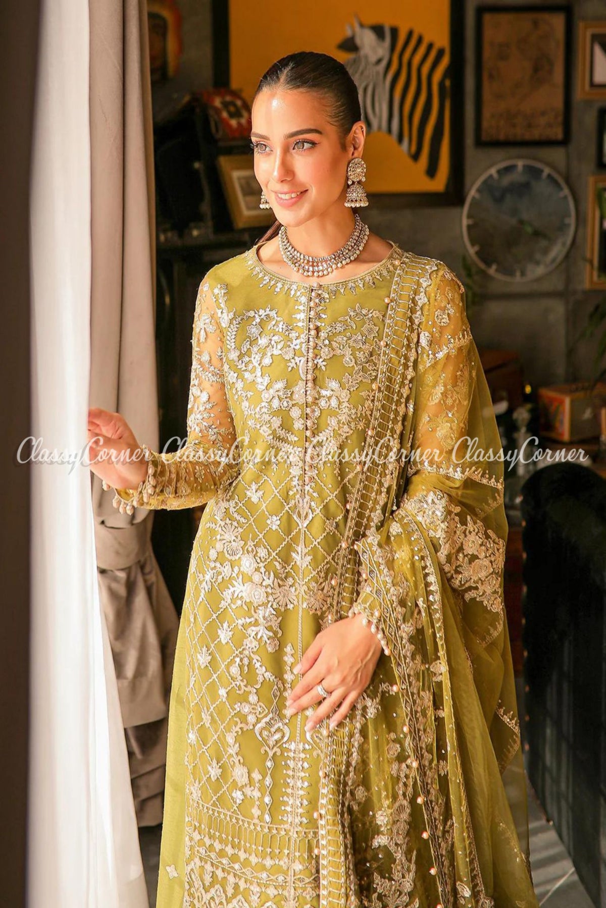 Olive Green Net Embroidered Wedding Wear Sharara