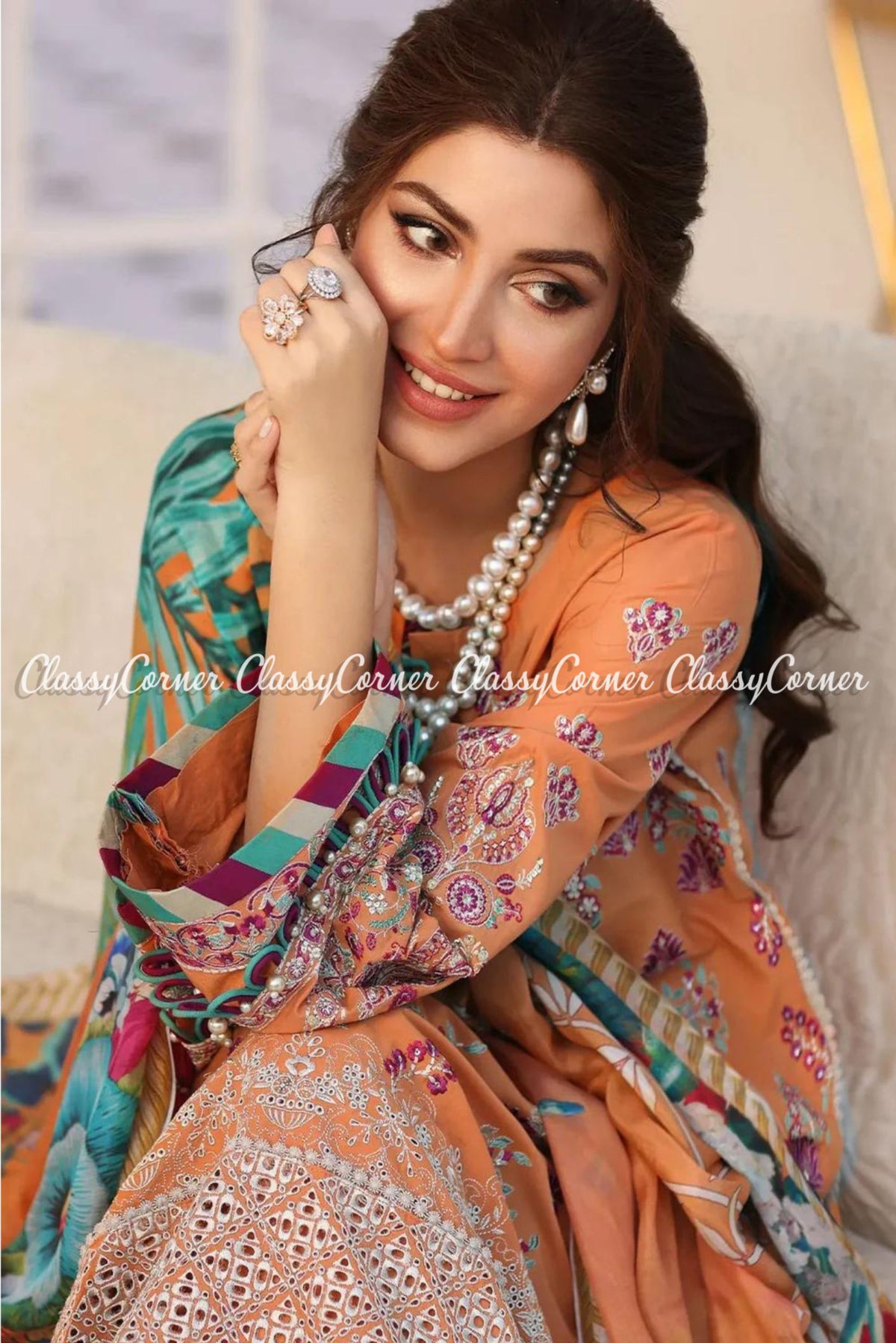 Orange Pakistani Lawn Embroidered Long Kameez Outfit