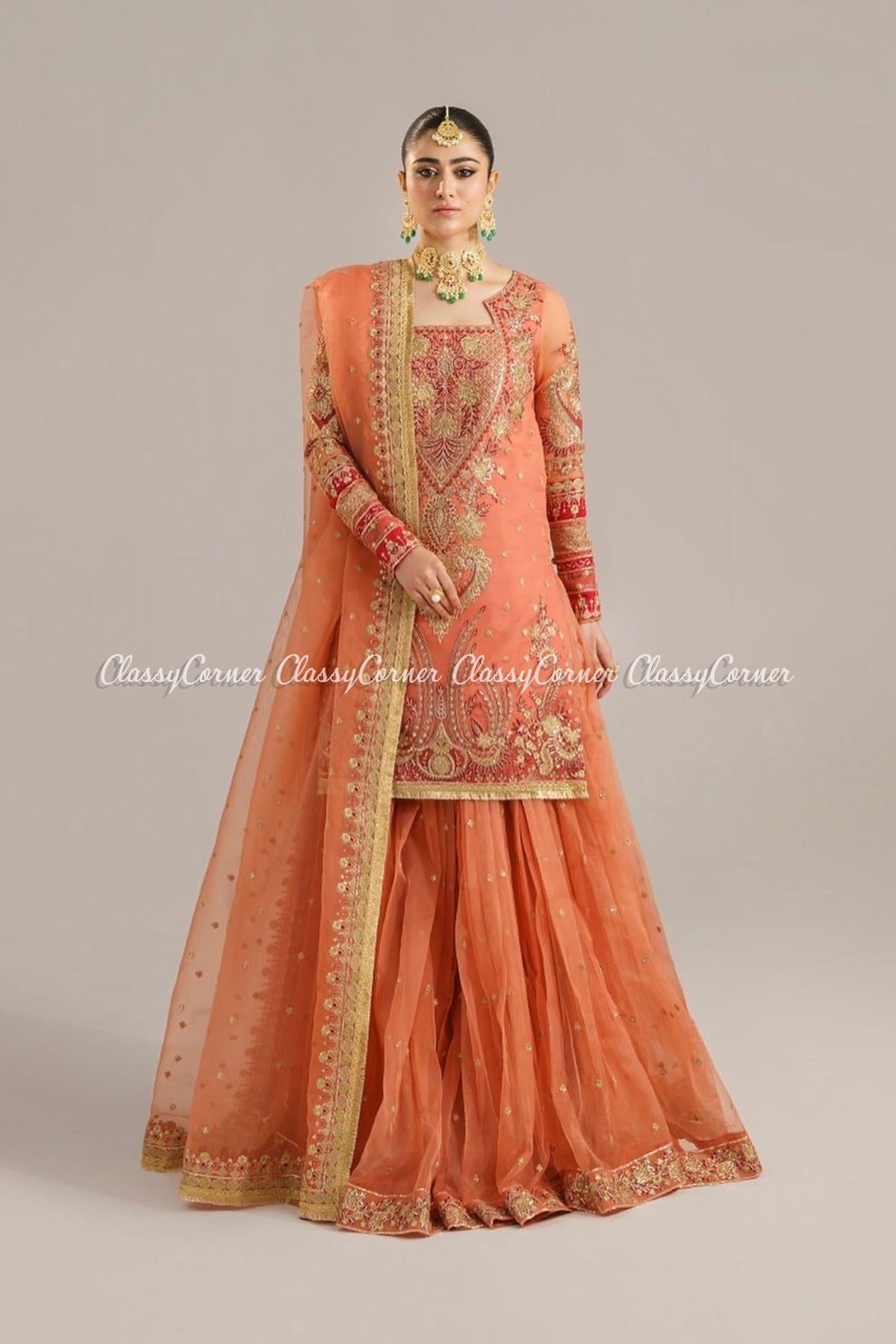 Orange Organza Pakistani Wedding Wear Lehenga