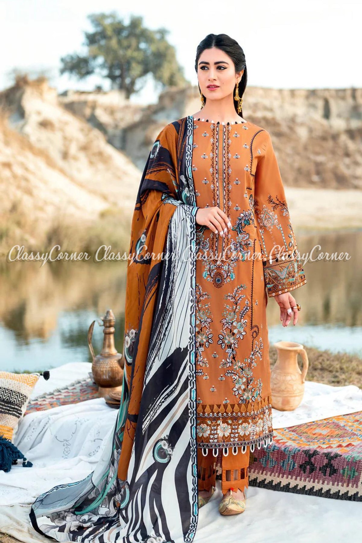 Pakistani Lawn Embroidered Orange Salwar Kameez