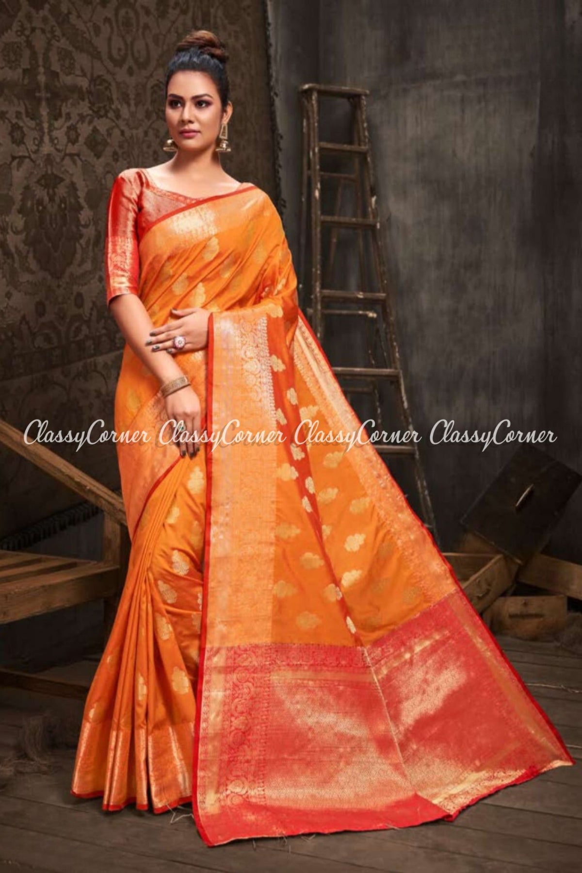 Orange Golden Haldi Mehendi Saree