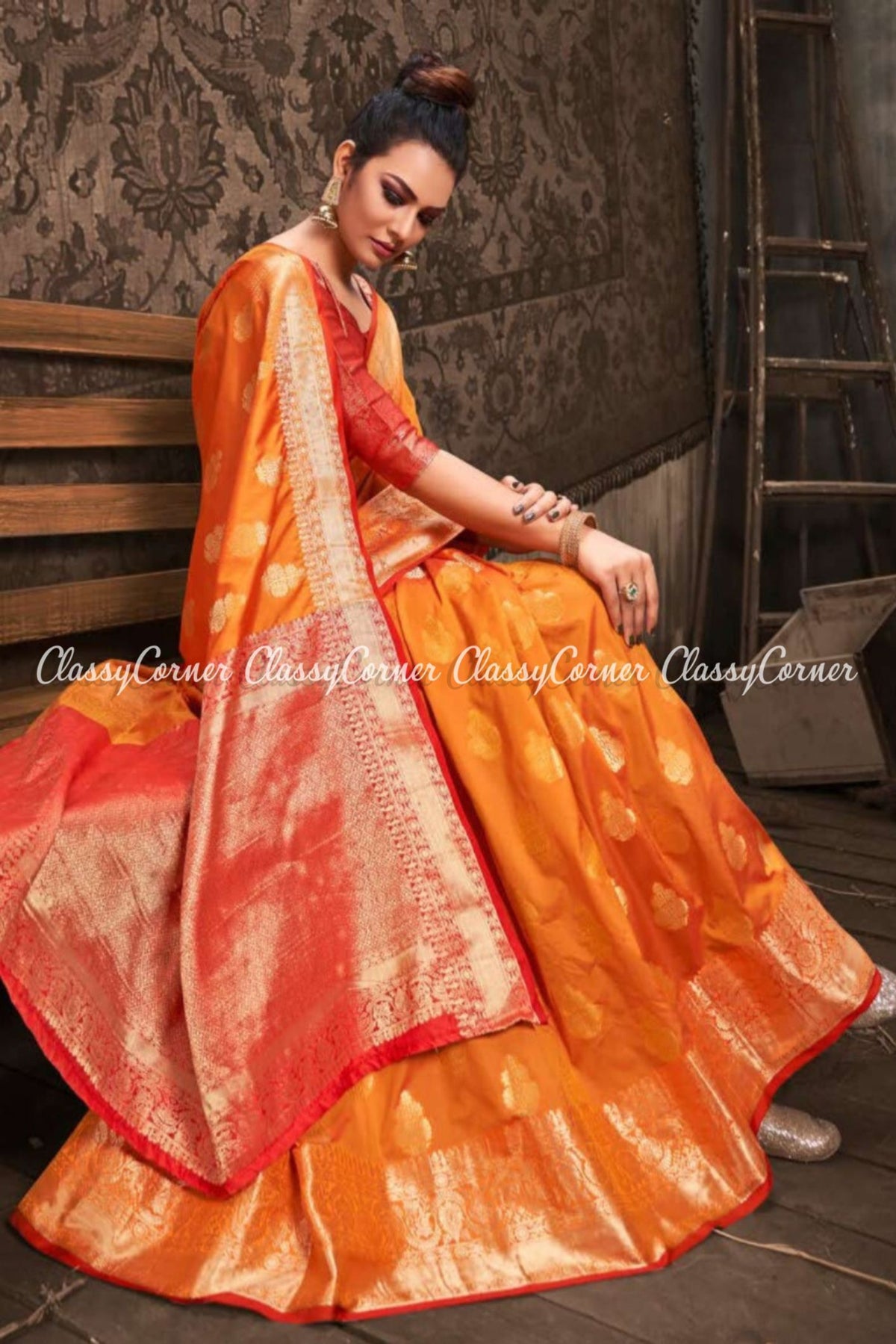 Orange Golden Haldi Mehendi Saree