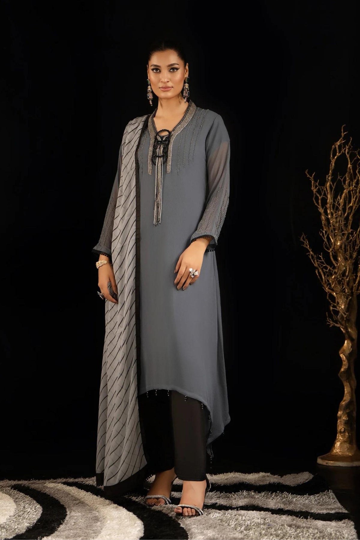 Grey Black Chiffon Party Wear Suit