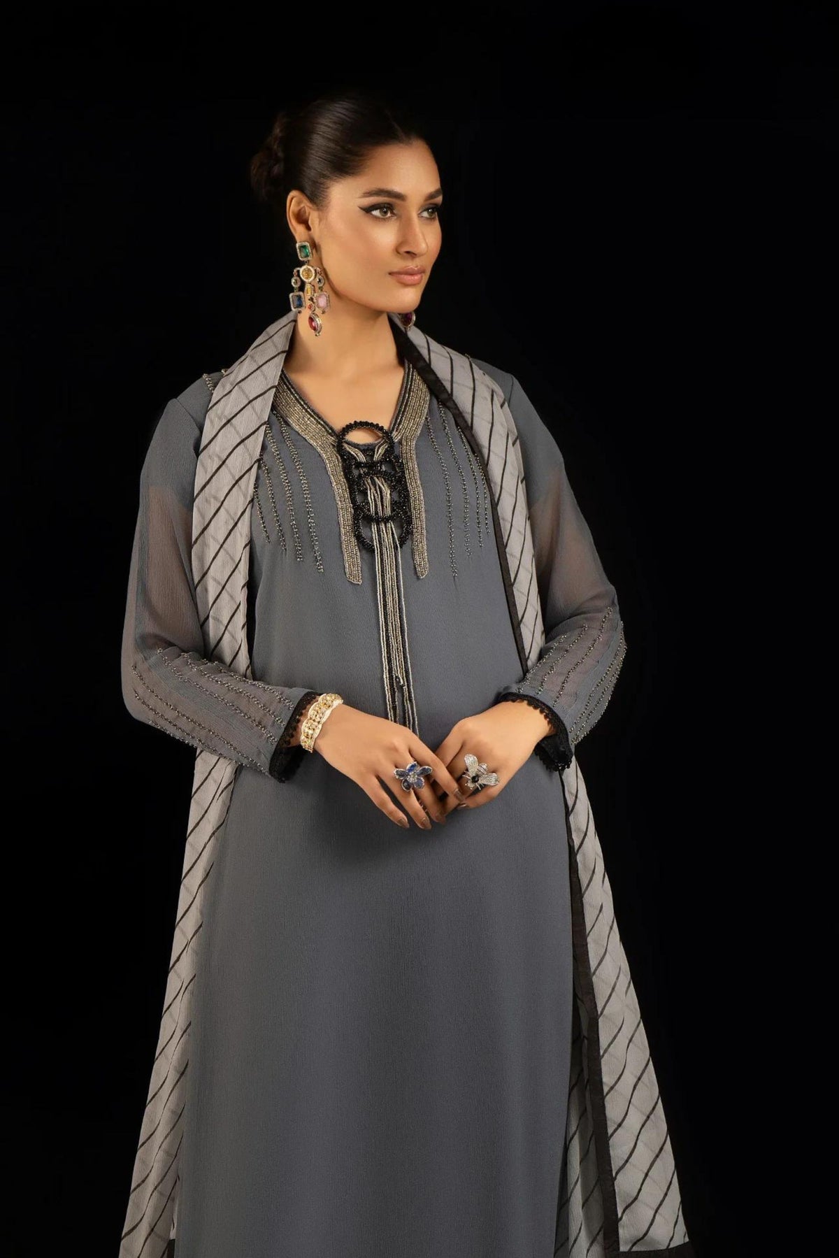 Grey Black Chiffon Party Wear Suit