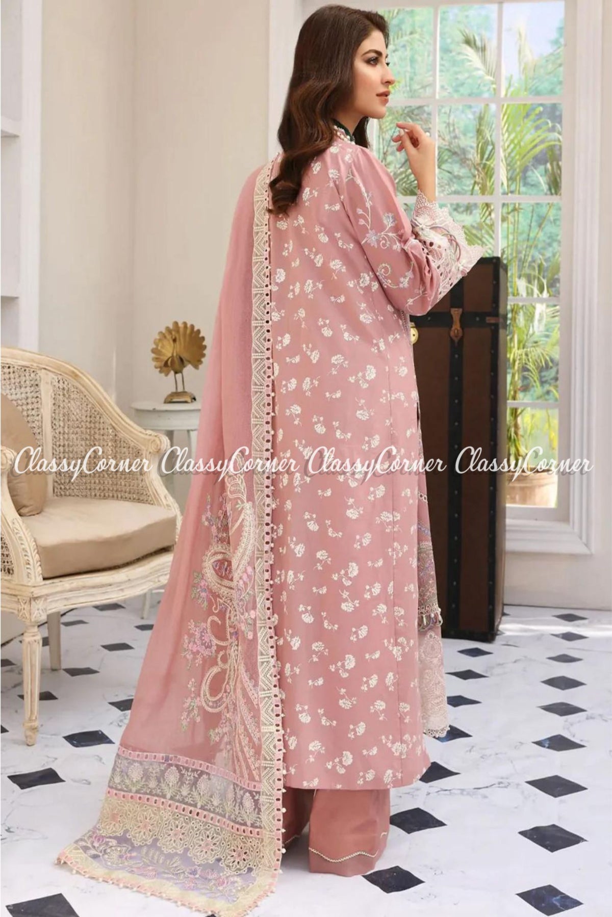 Tea Pink Lawn Embroidered Formal Wear Long Kameez Outfit