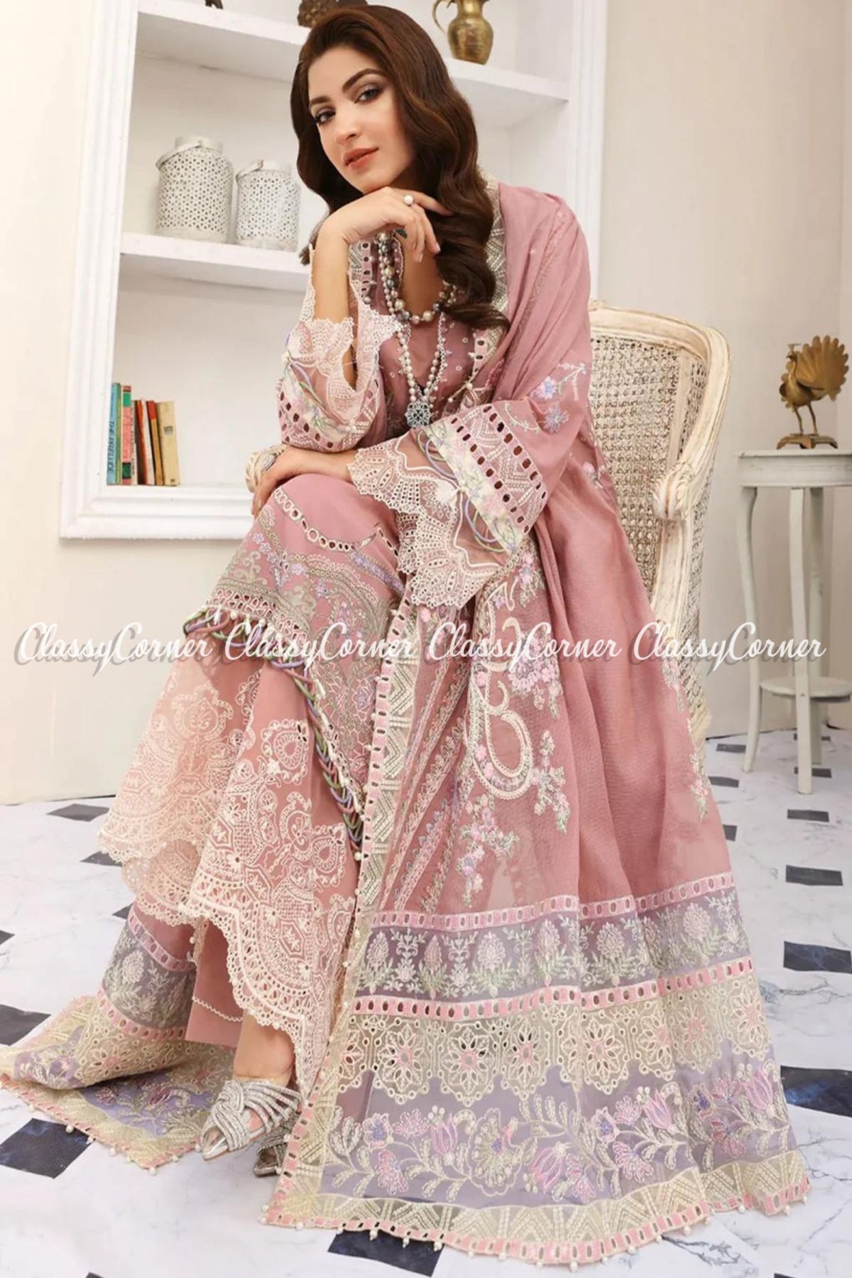 Tea Pink Lawn Embroidered Formal Wear Long Kameez Outfit