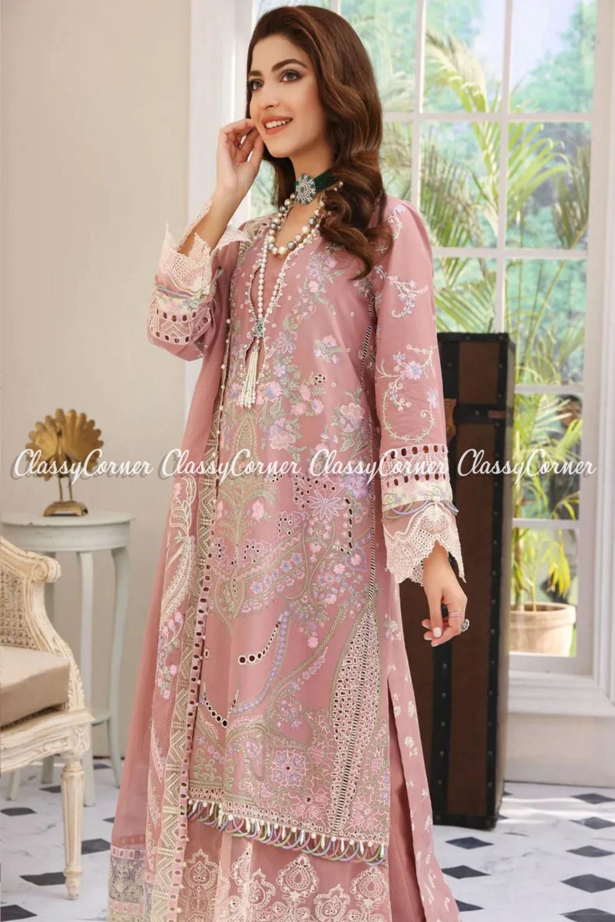 Tea Pink Lawn Embroidered Formal Wear Long Kameez Outfit