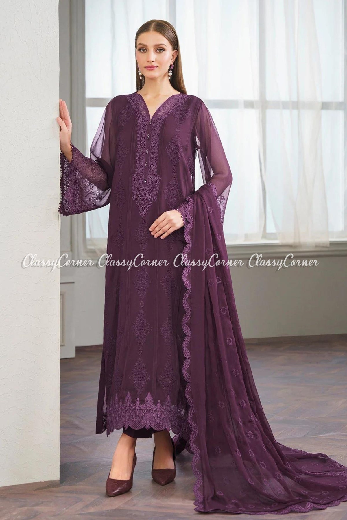 Plum Pakistani Chiffon Formal Wear Suit