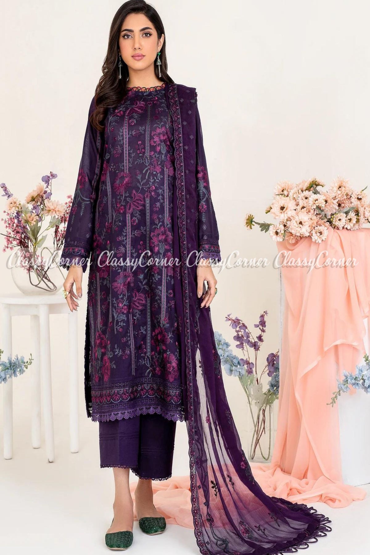 Plum Pink Embroidered Lawn Pakistani Salwar Kameez