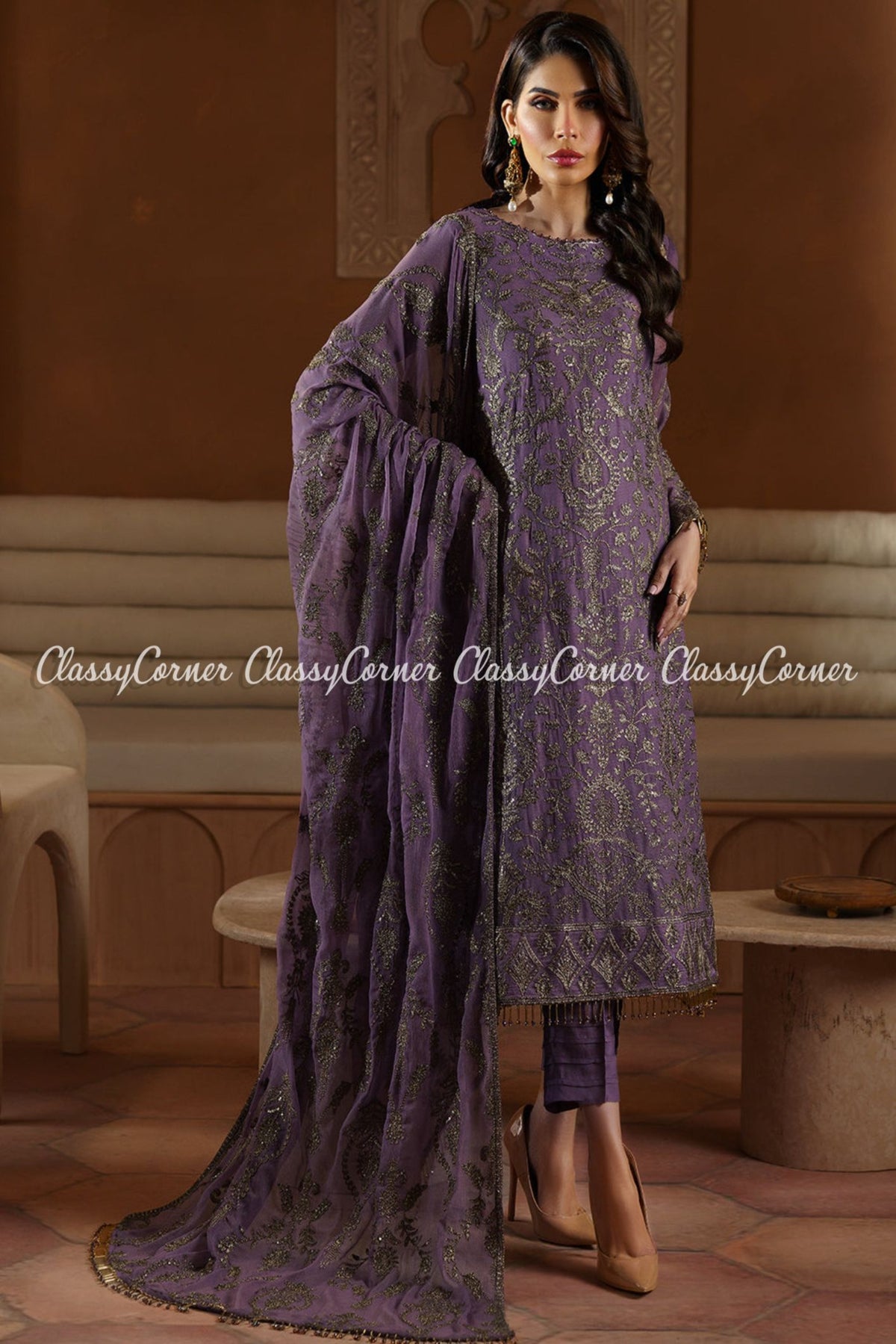 Purple Chiffon Embroidered Formal Wear Suit