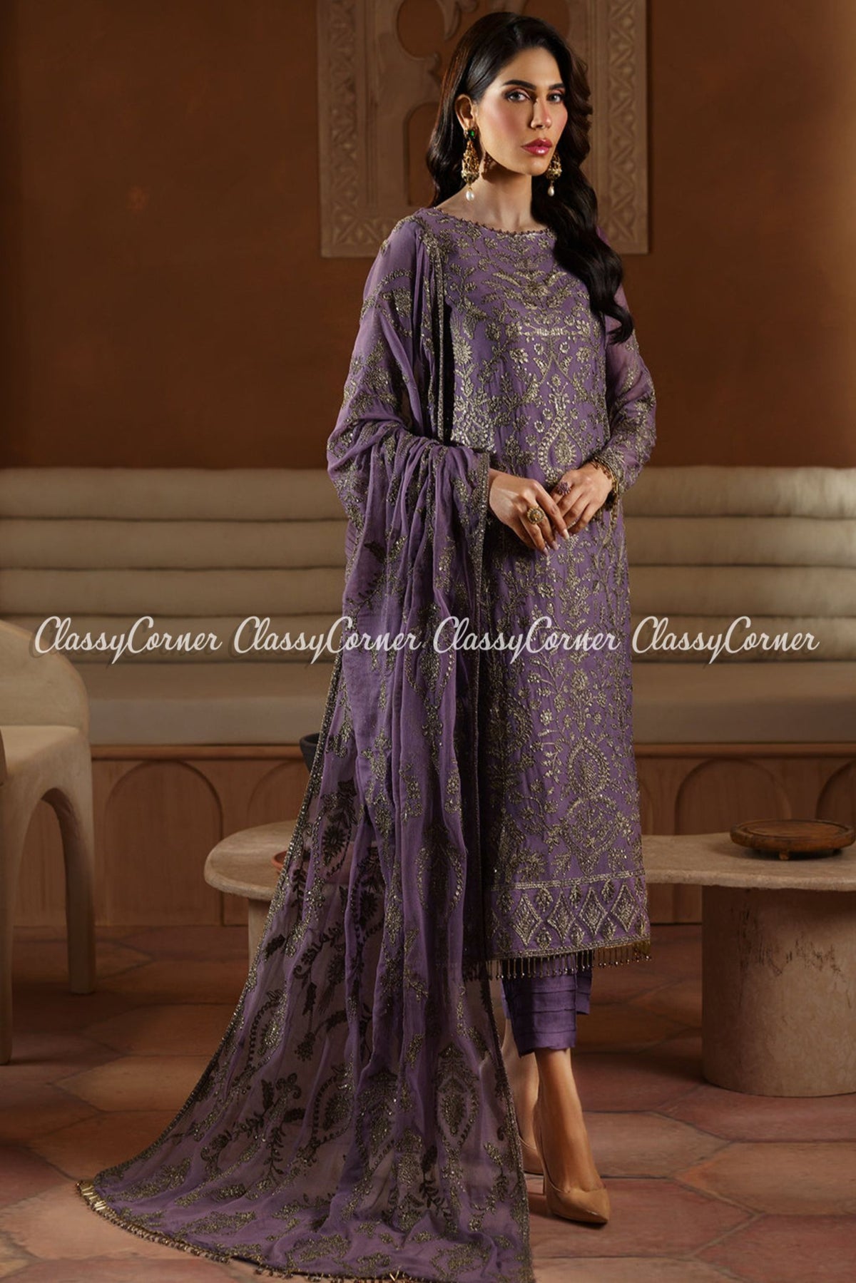 Purple Chiffon Embroidered Formal Wear Suit